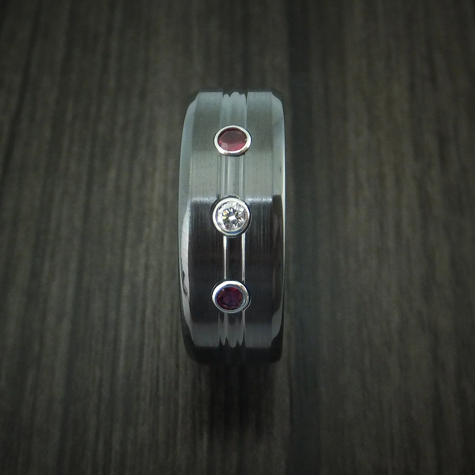 Black Titanium Men's Ring with Diamond and Rubies Custom Made Band - Image 3