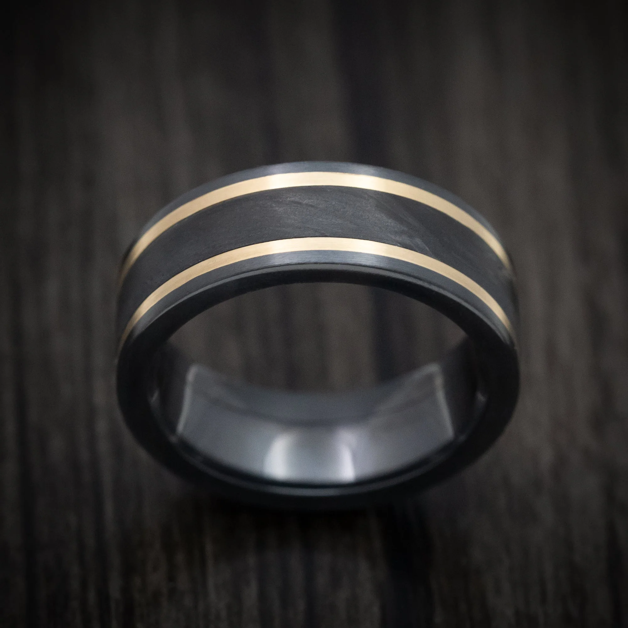 Black Titanium or Black Zirconium Custom Men's Ring with Forged Carbon Fiber and 14K Gold Inlays - Image 2
