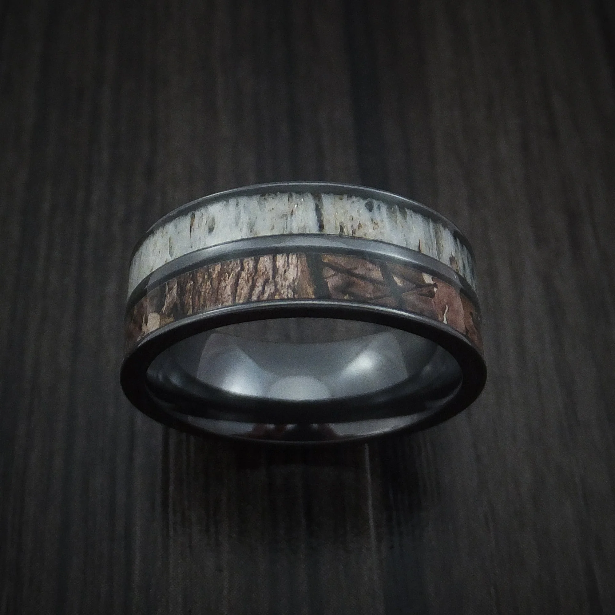 Black Titanium Men's Ring with Camo and Antler Inlays Custom Made Wedding Band - Image 2