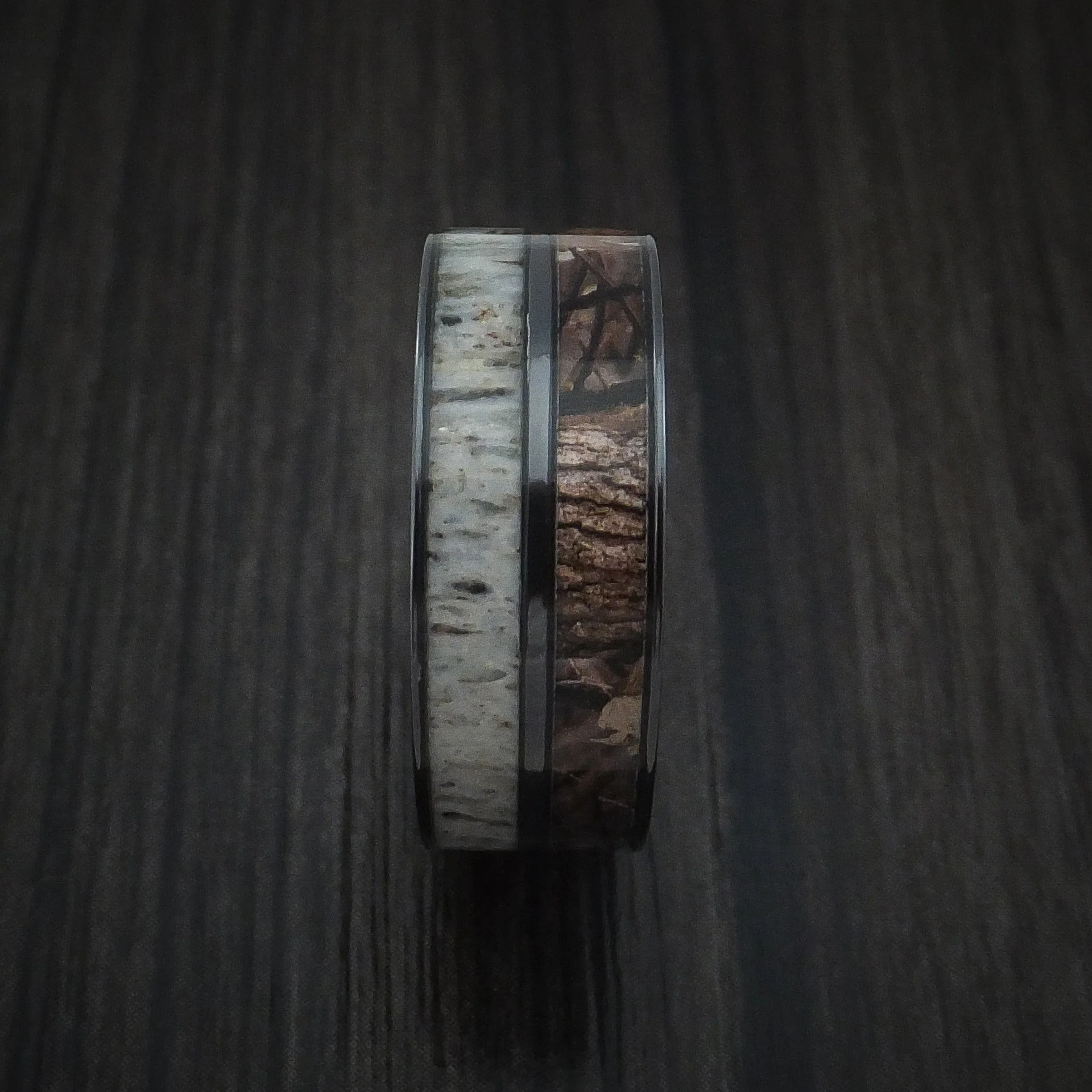 Black Titanium Men's Ring with Camo and Antler Inlays Custom Made Wedding Band - Image 3