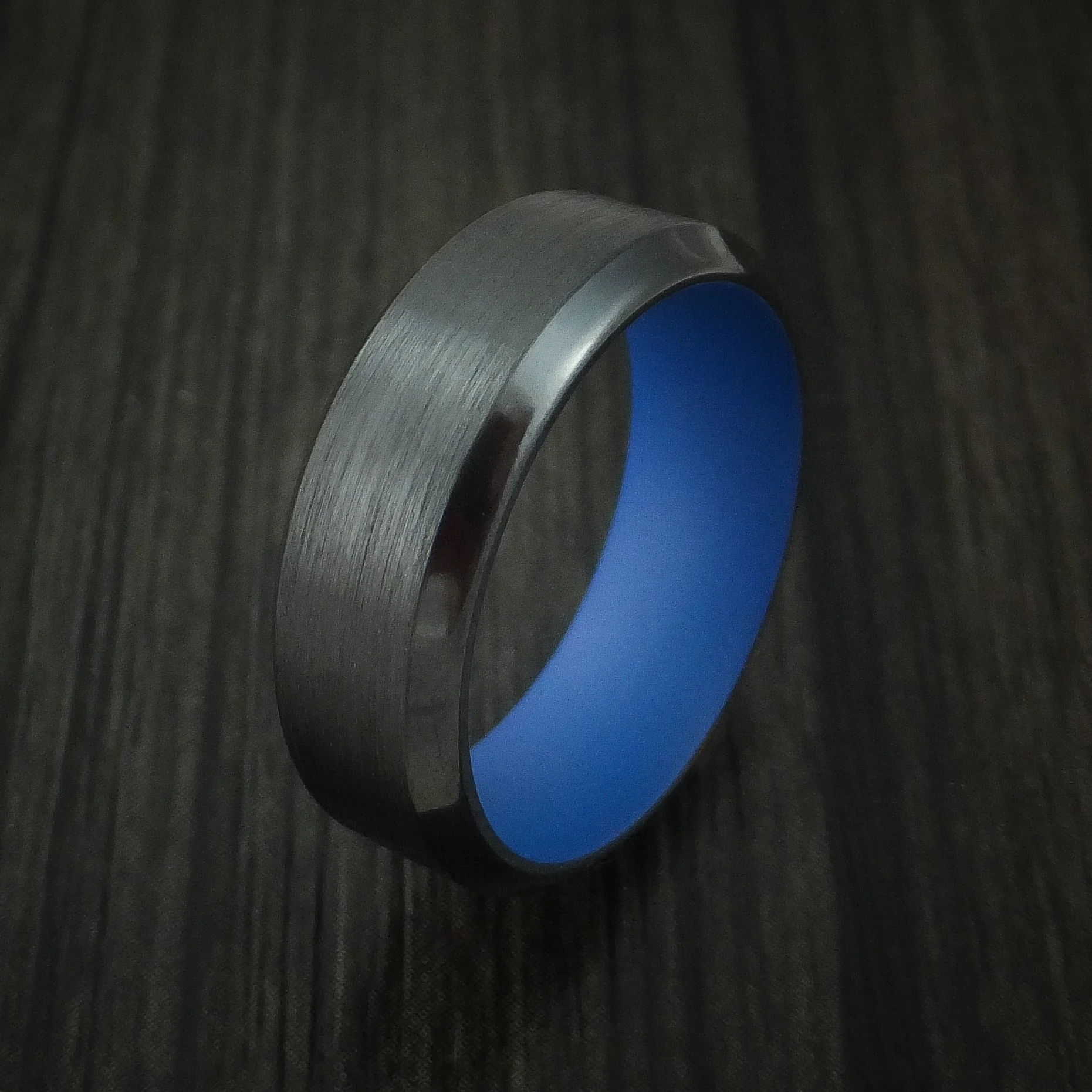 Black Titanium Men's Ring with Ridgeway Blue Cerakote Sleeve Custom Made Band - Image 4