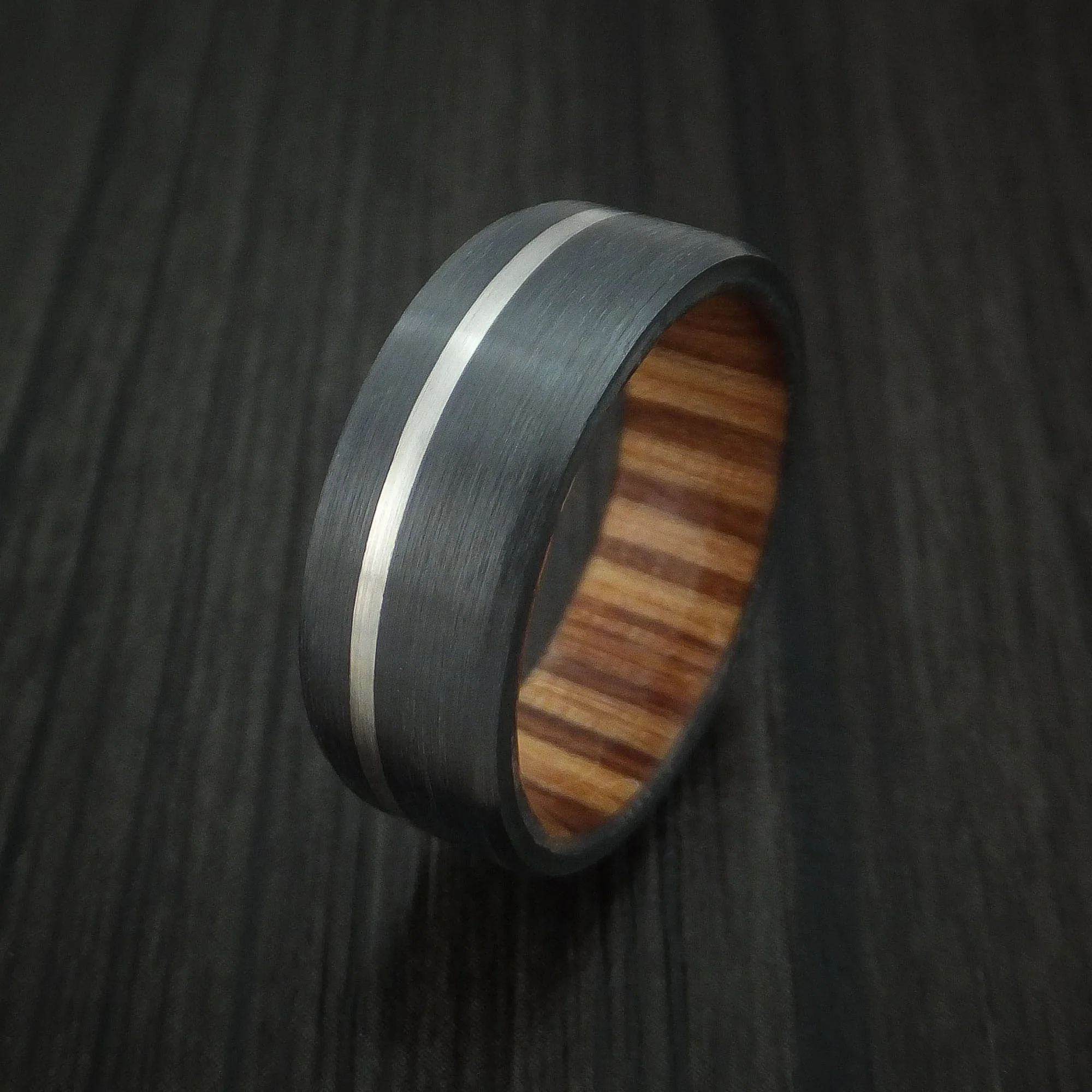 Black Titanium or Black Zirconium Custom Men's Ring with Platinum Inlay and Hardwood Sleeve - Image 4