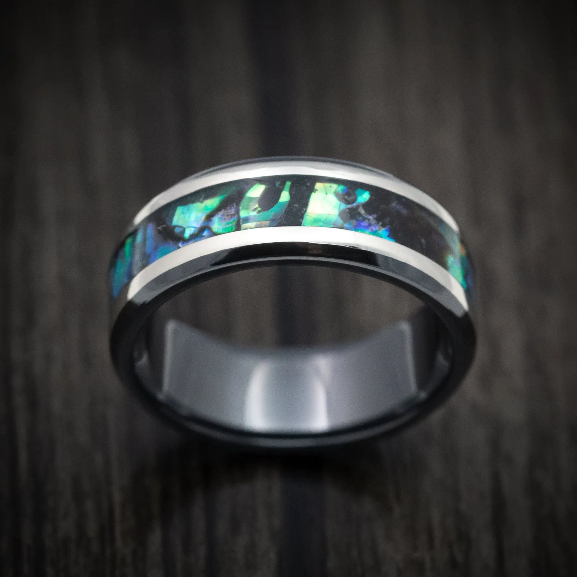 Black Titanium Men's Ring with Silver and Abalone Inlays Custom Made Band - Image 2