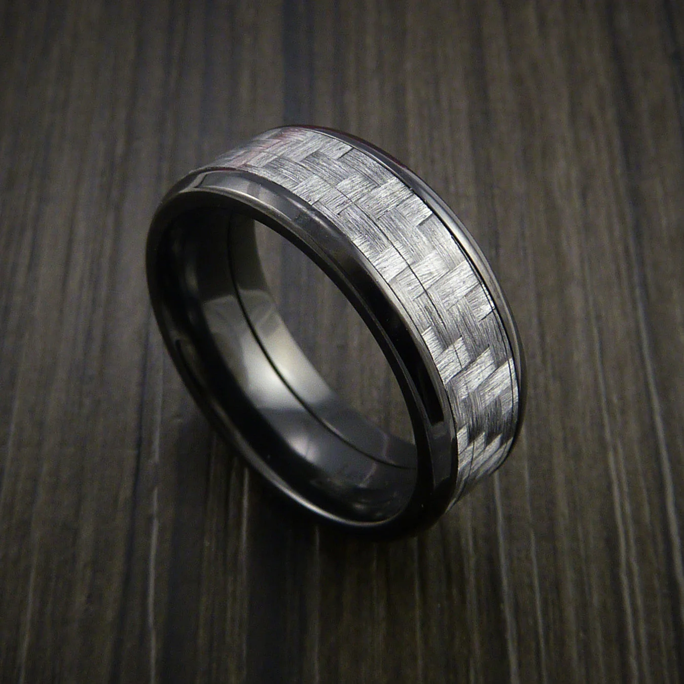 Black Titanium or Black Zirconium Custom Men's Ring with Silver Texalium Carbon Fiber Inlay