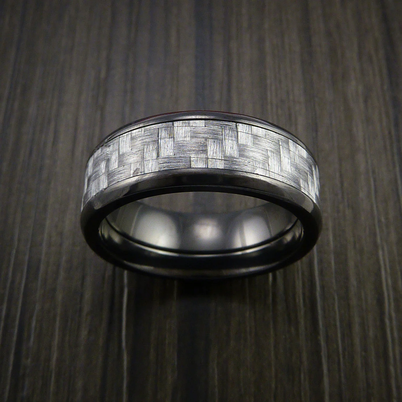 Black Titanium or Black Zirconium Custom Men's Ring with Silver Texalium Carbon Fiber Inlay - Image 2