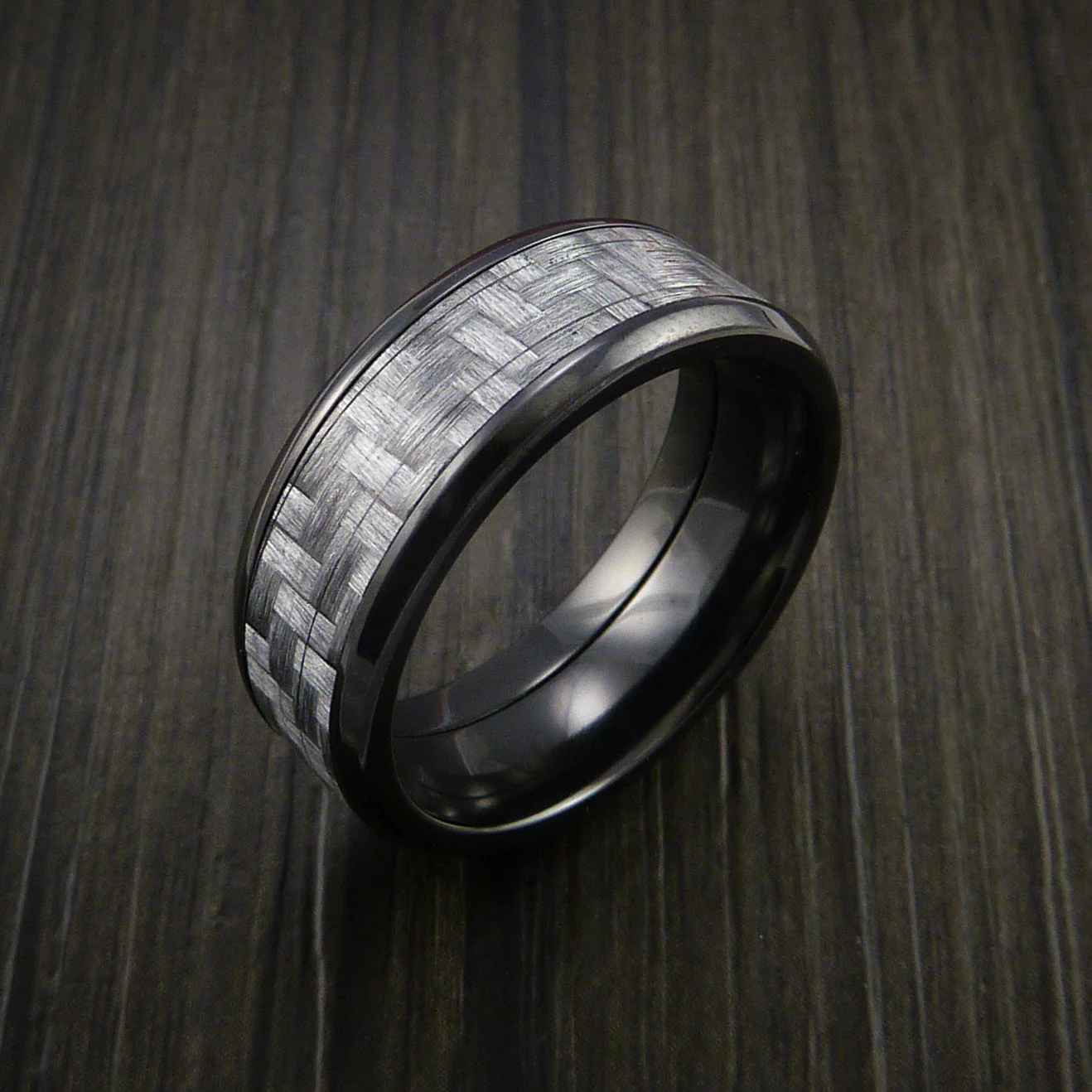 Black Titanium or Black Zirconium Custom Men's Ring with Silver Texalium Carbon Fiber Inlay - Image 3