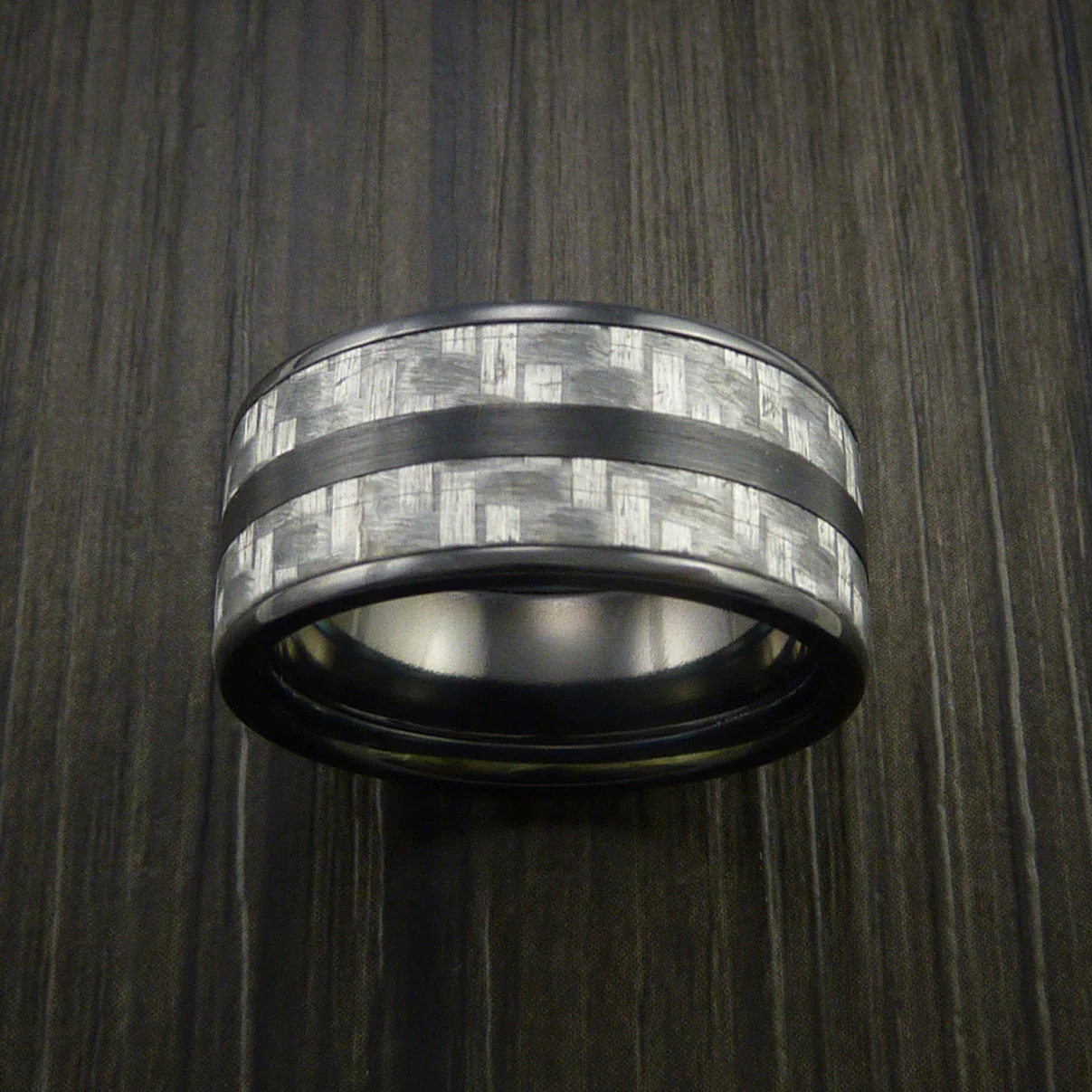 Black Titanium Men's Ring with Silver Texalium Carbon Fiber Inlay Custom Made Wedding Band - Image 2