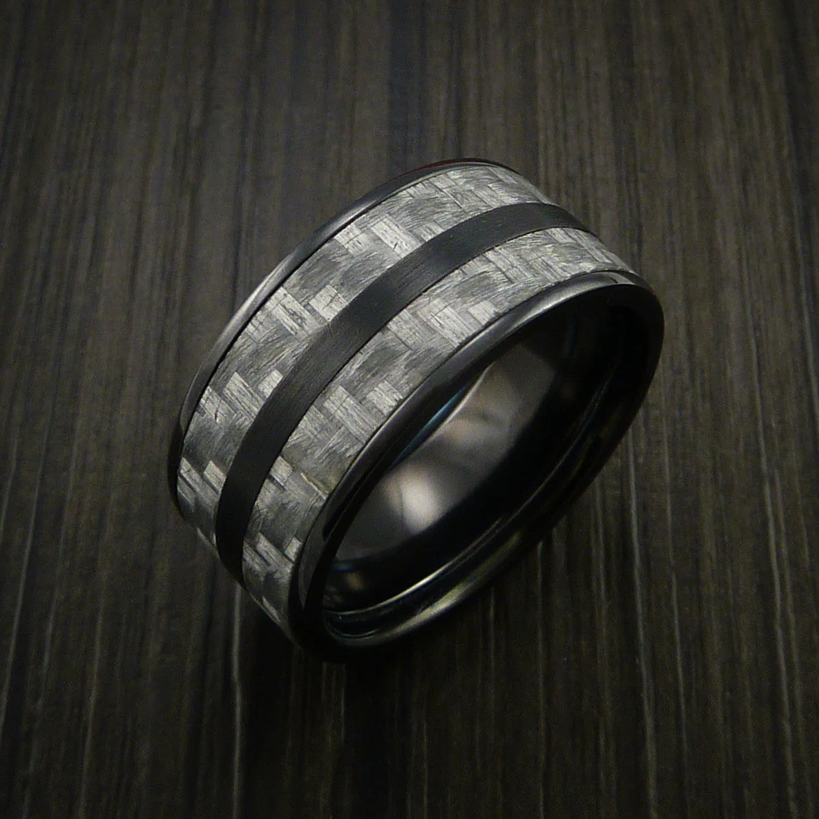 Black Titanium Men's Ring with Silver Texalium Carbon Fiber Inlay Custom Made Wedding Band - Image 3