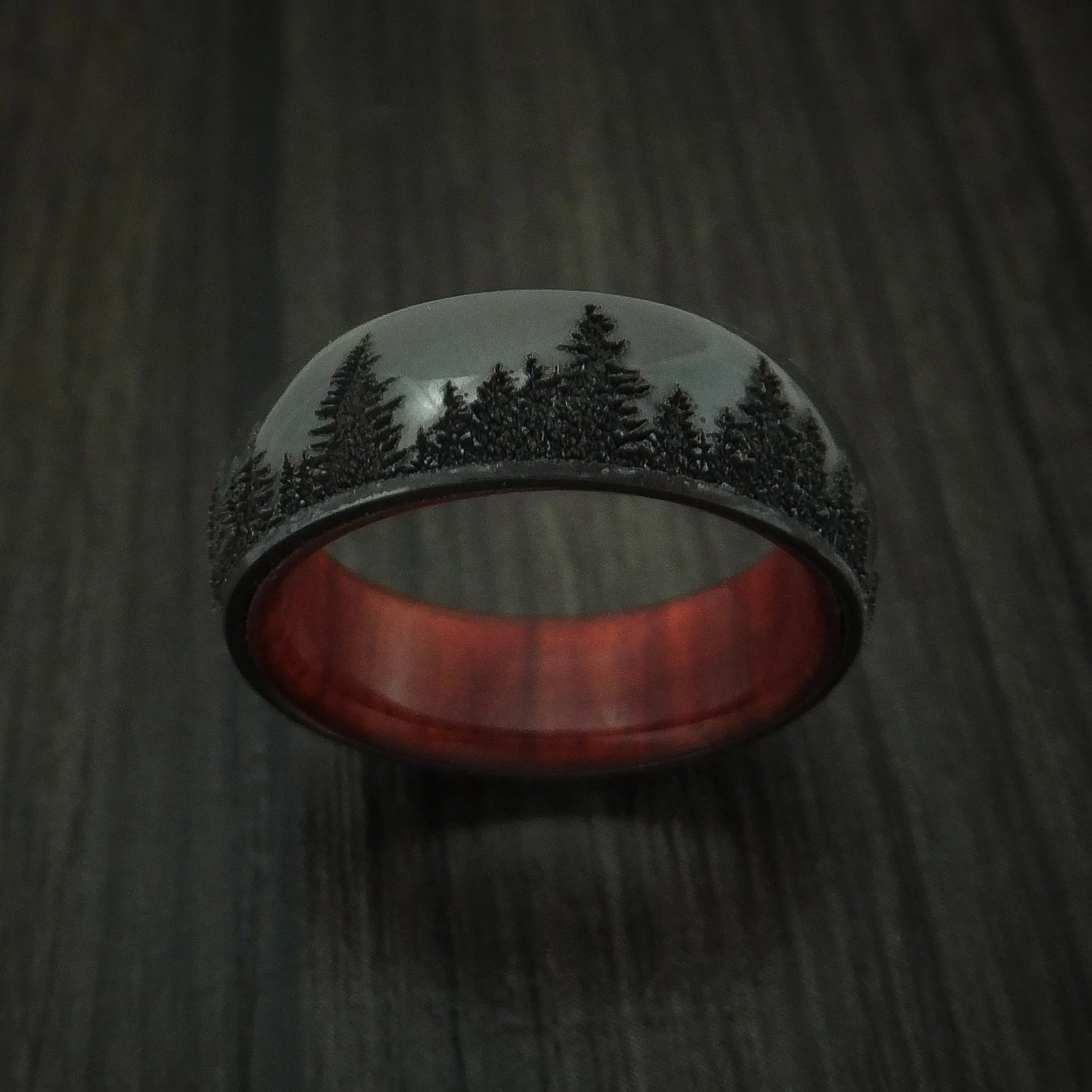 Black Titanium or Black Zirconium Custom Men's Ring with Pine Tree Design & Hardwood Sleeve - Image 2