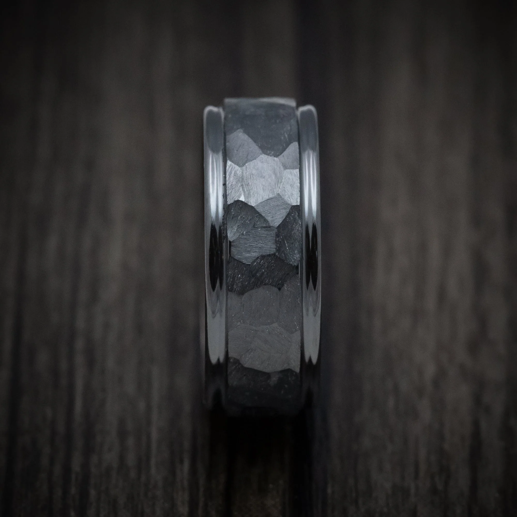 Black Titanium Rock Finish Band with Wood Sleeve Custom Made Men's Ring - Image 3