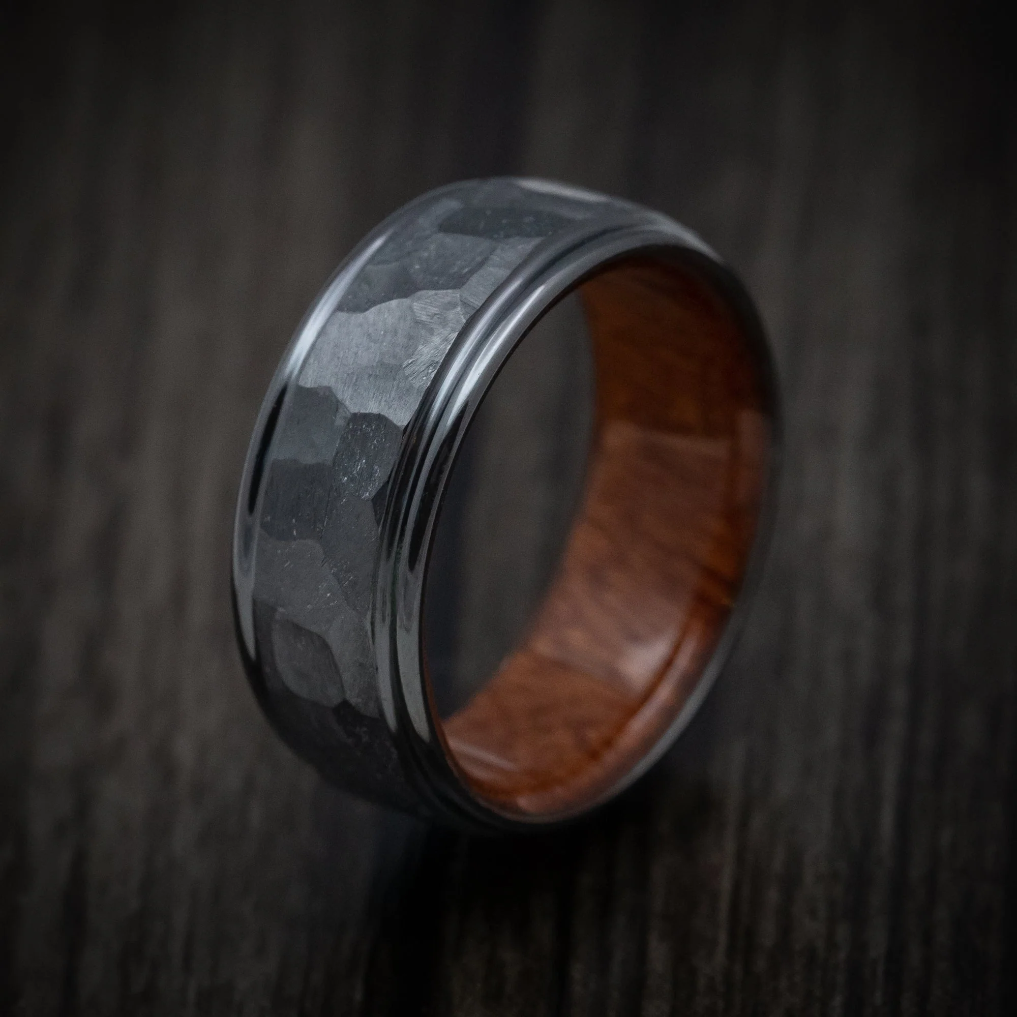 Black Titanium Rock Finish Band with Wood Sleeve Custom Made Men's Ring - Image 4