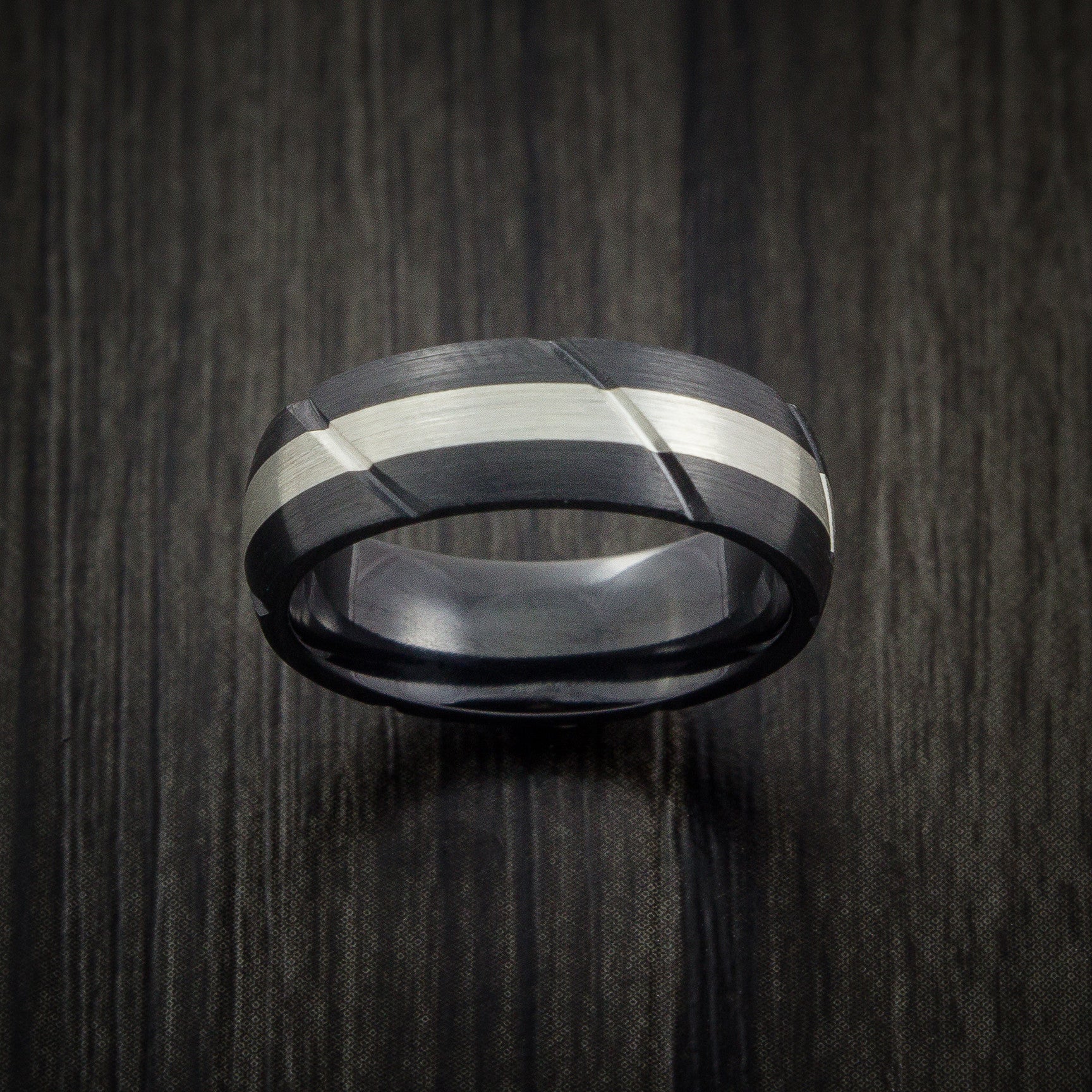 Black Titanium Textured Men's Ring with Silver Inlay Wedding Band - Image 2