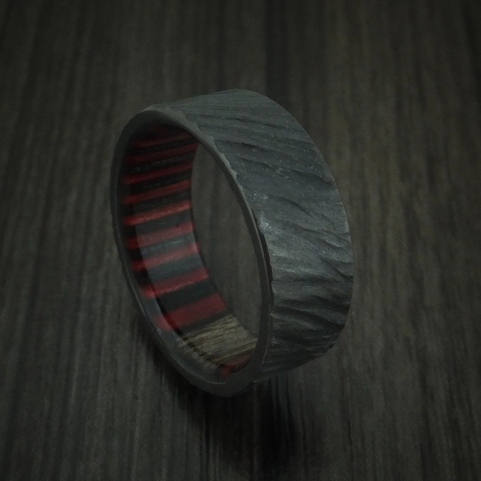 Black Titanium or Black Zirconium Custom Men's Ring with a Tree Bark Finish and Applejack Wood Sleeve