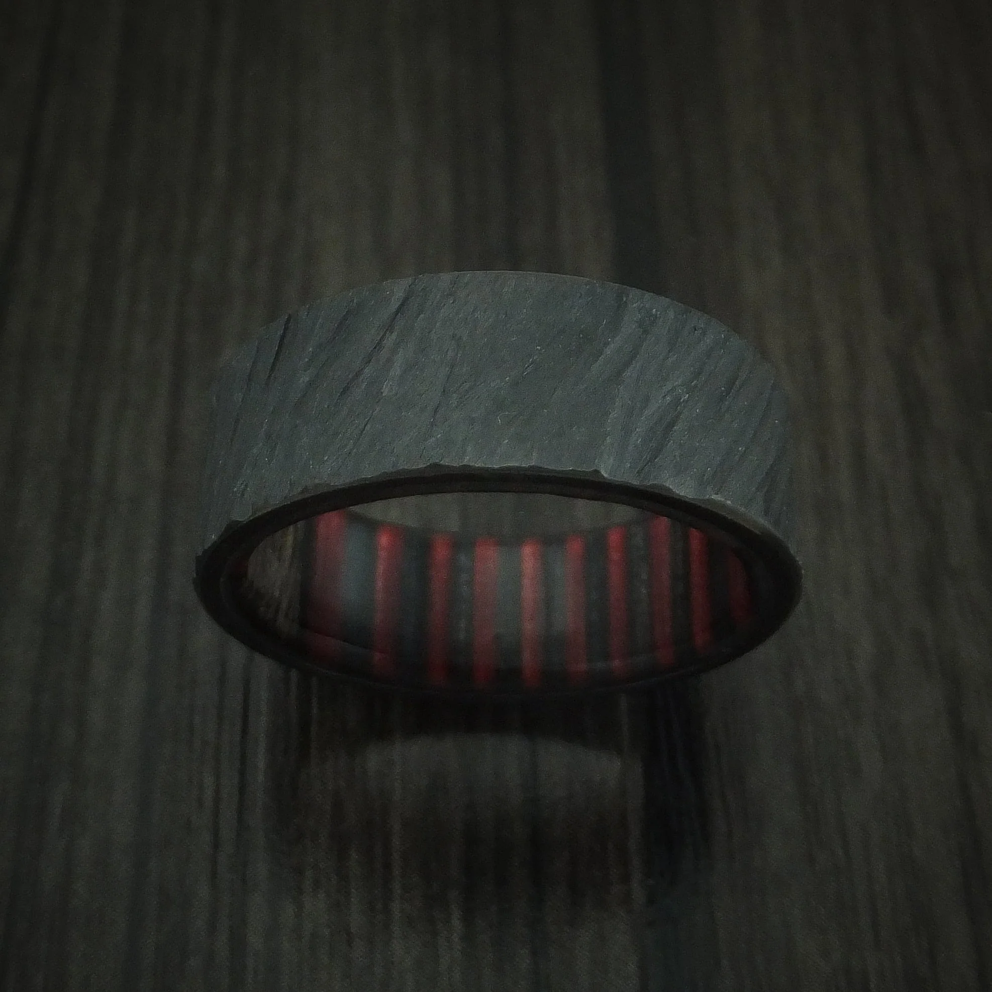 Black Titanium or Black Zirconium Custom Men's Ring with a Tree Bark Finish and Applejack Wood Sleeve - Image 2