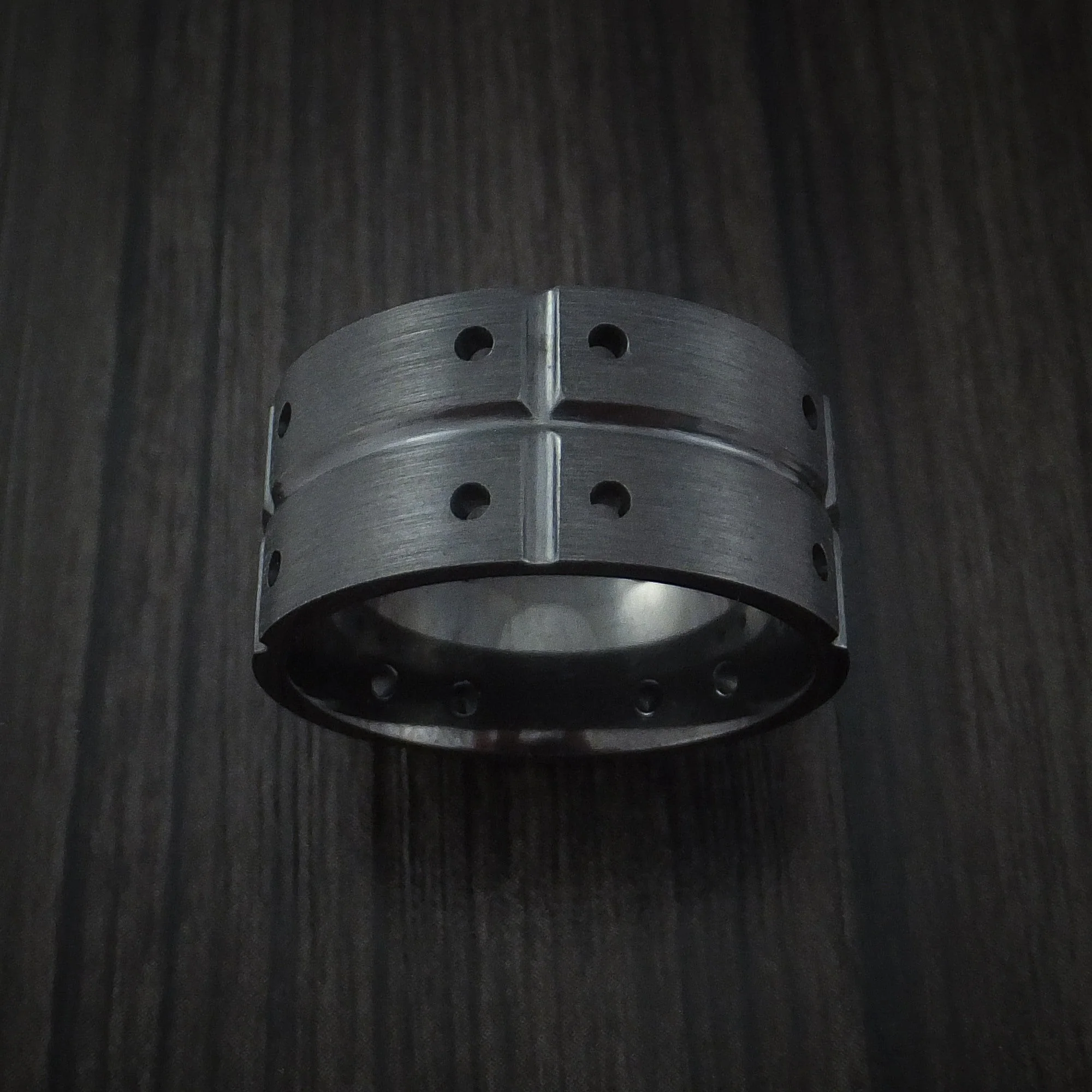 Wide Black Titanium or Black Zirconium Custom Men's Ring with an Industrial Design - Image 2
