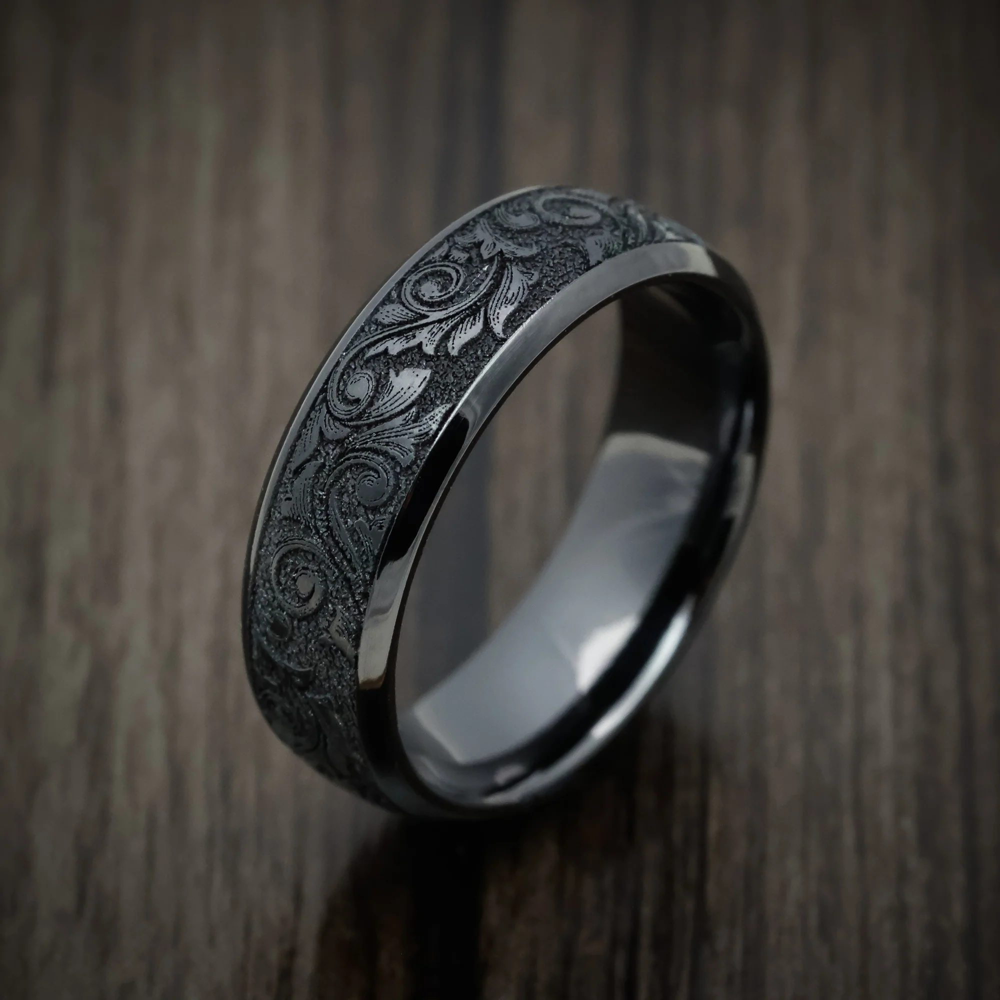 Black Titanium or Black Zirconium Custom Men's Ring with Vintage Floral Design - Image 3