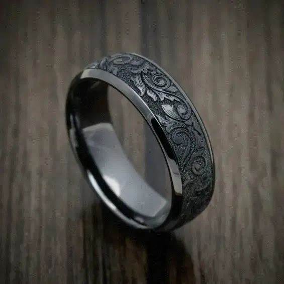 Black Titanium or Black Zirconium Custom Men's Ring with Vintage Floral Design - Image 4