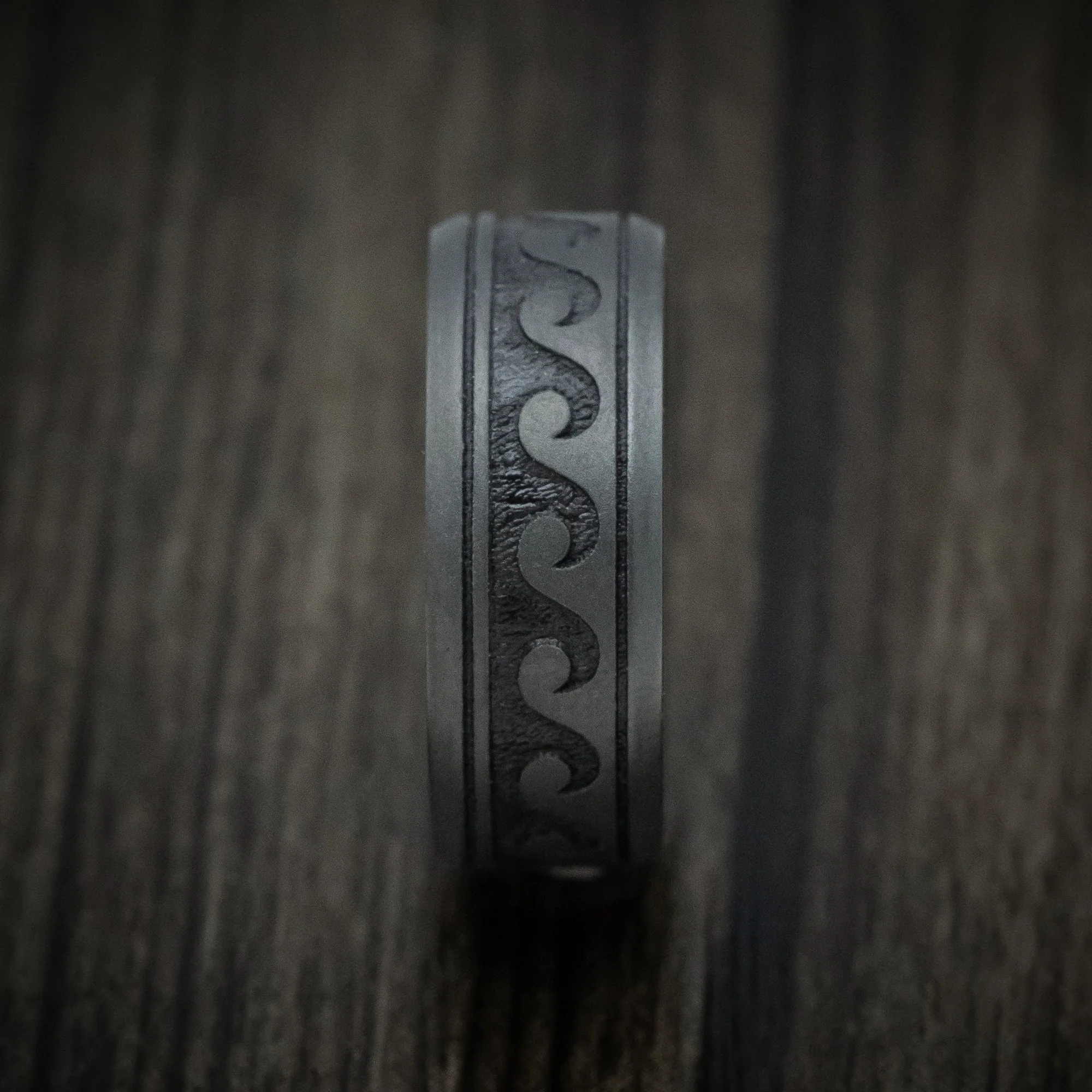 Black Titanium or Black Zirconium Custom Men's Ring with Wave Design and Wood Sleeve - Image 3