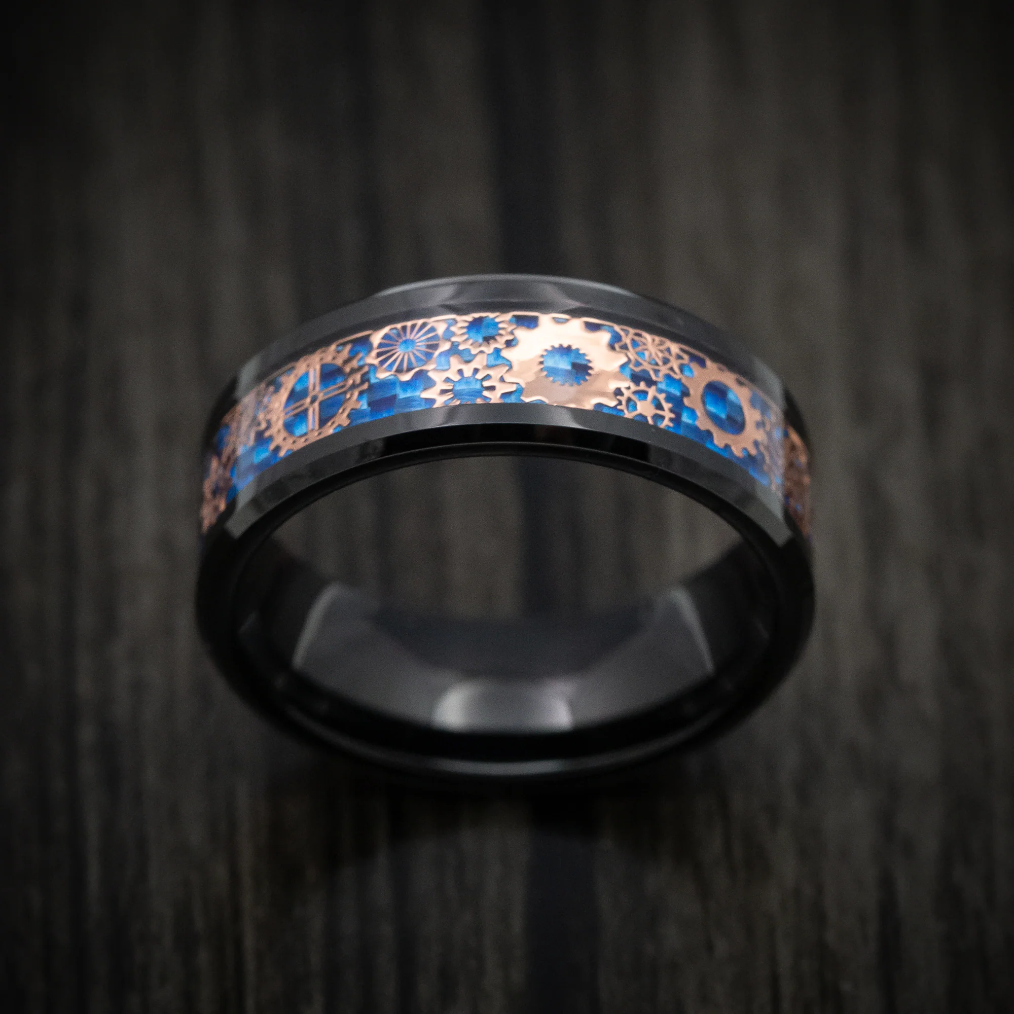 Black Tungsten Men's Ring with Blue Carbon Fiber and Mechanical Pattern - Image 2