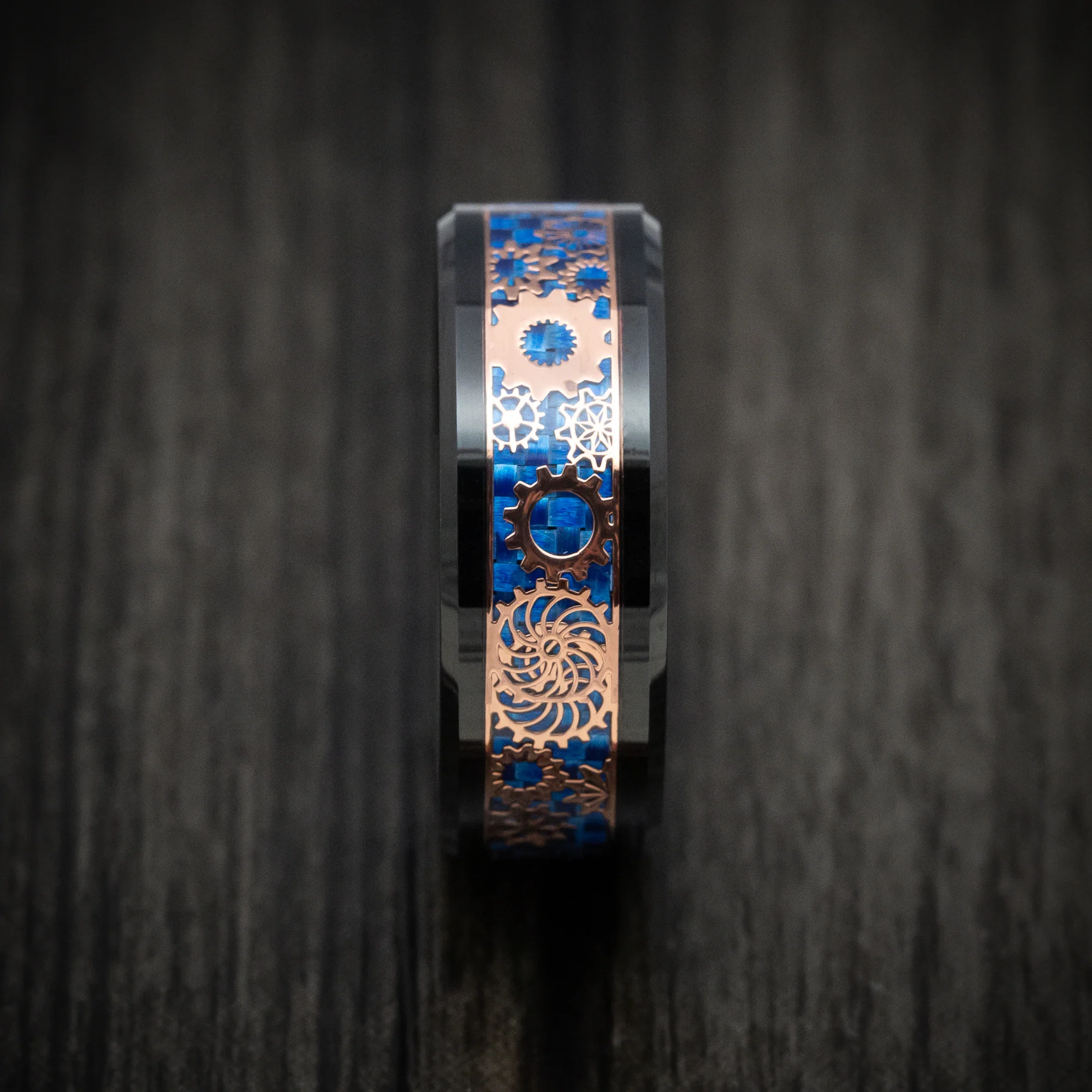 Black Tungsten Men's Ring with Blue Carbon Fiber and Mechanical Pattern - Image 3