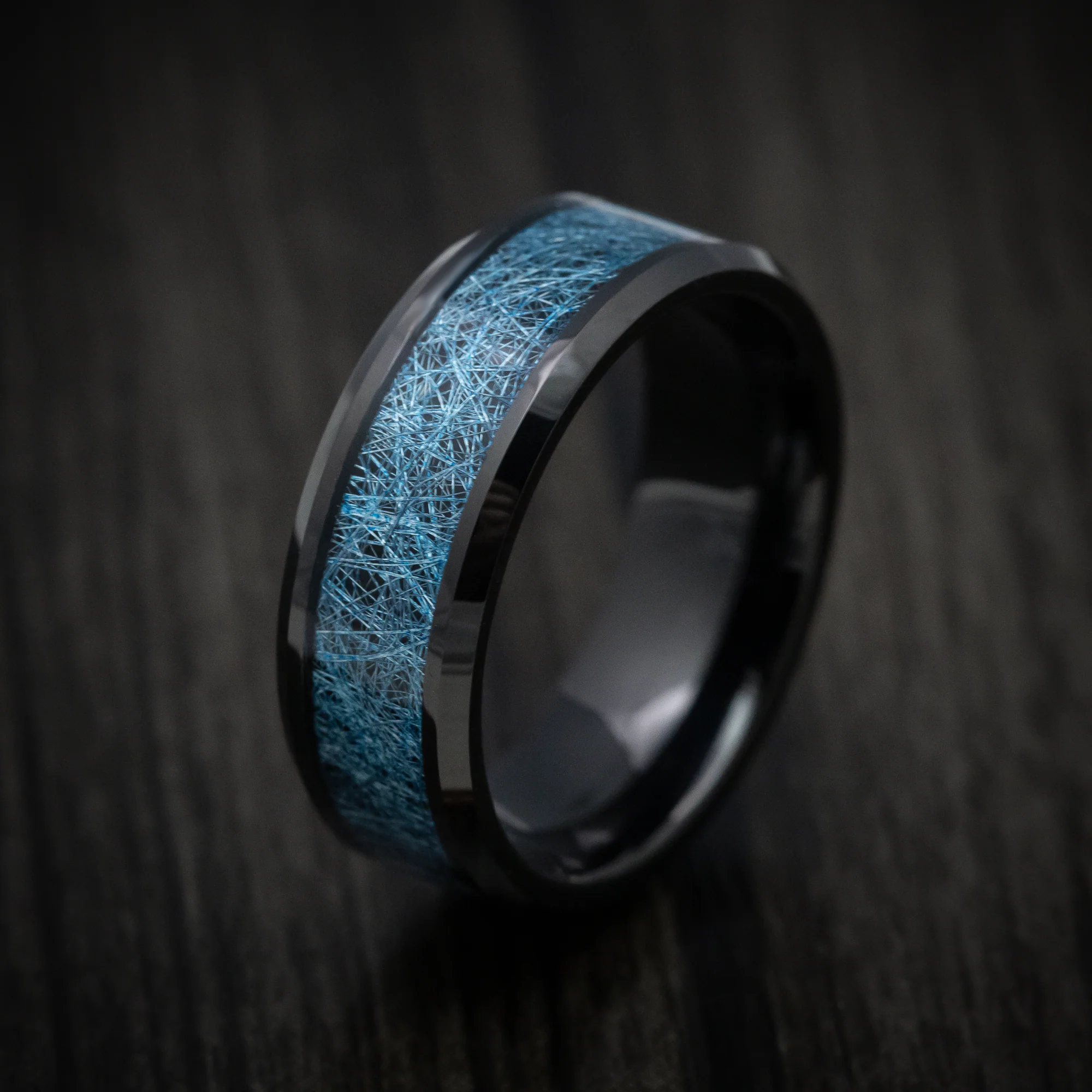 Black Tungsten Men's Ring with Blue Silk Inlay - Image 3