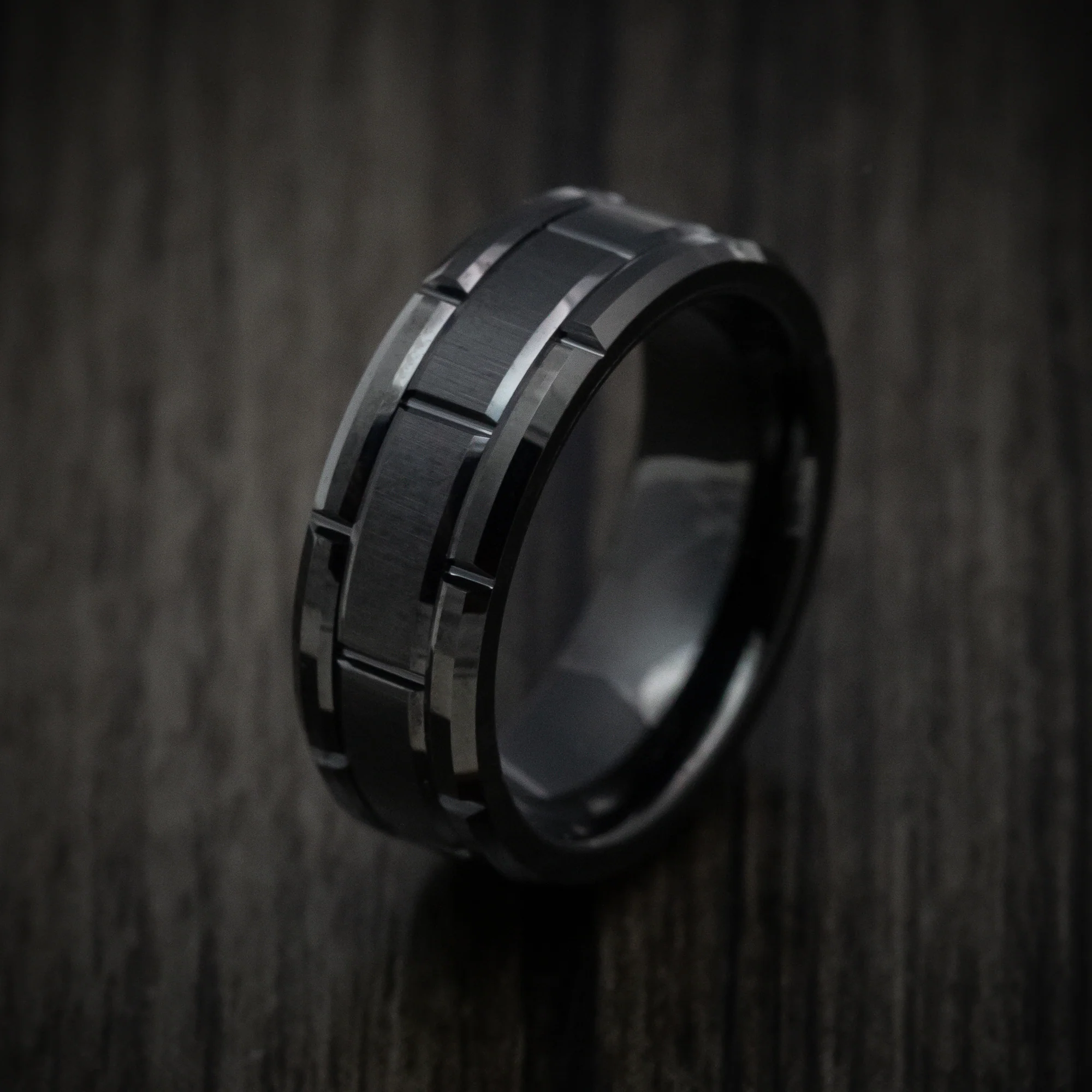 Black Tungsten Men's Ring with Brick Design Band - Image 3