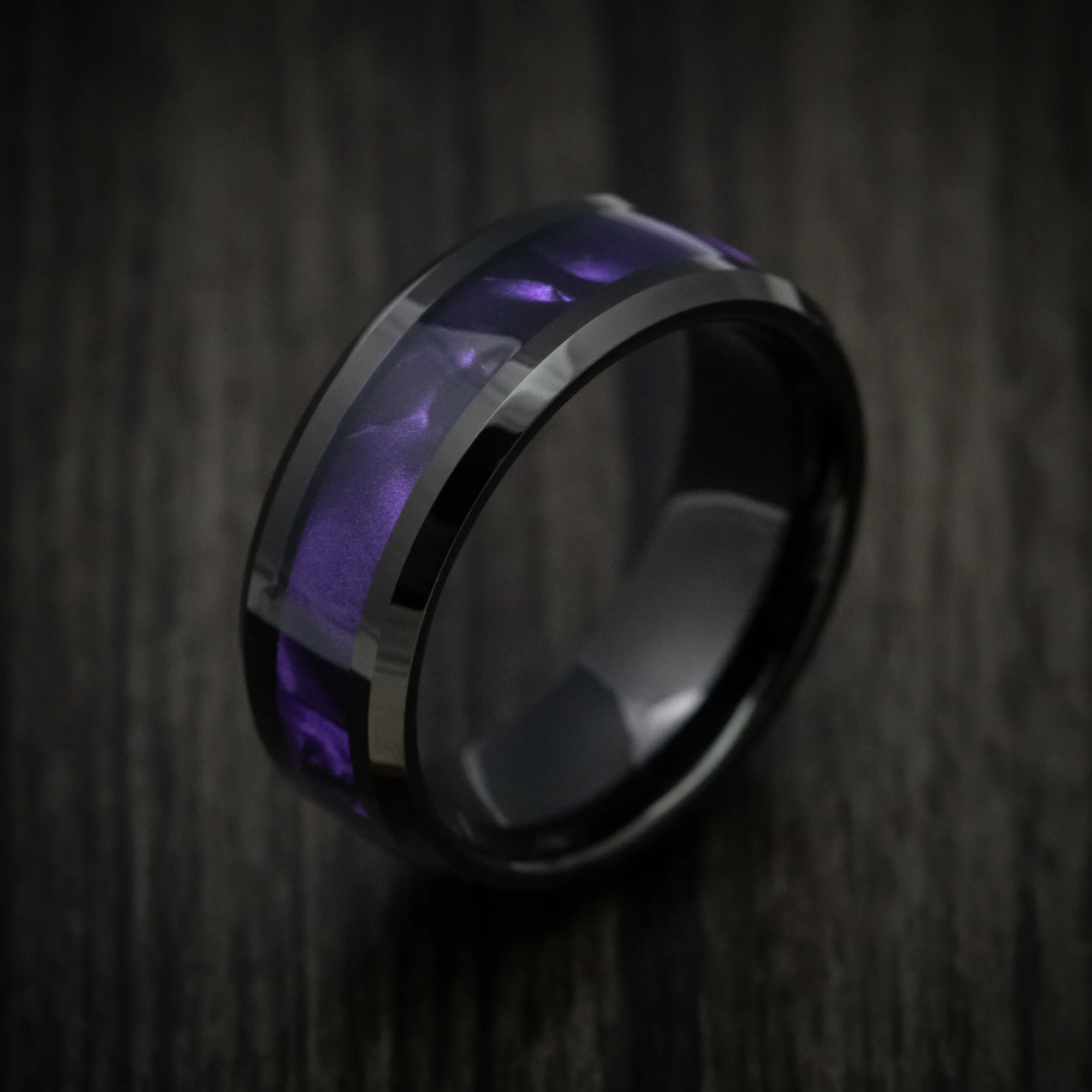 Black Tungsten Men's Ring with Purple Cypraea Tigris Inlay - Image 3