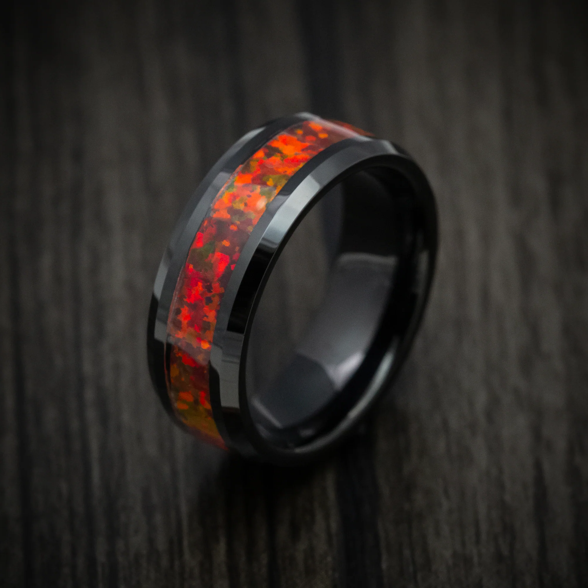 Black Tungsten Men's Ring with Red Fire Opal Inlay - Image 3