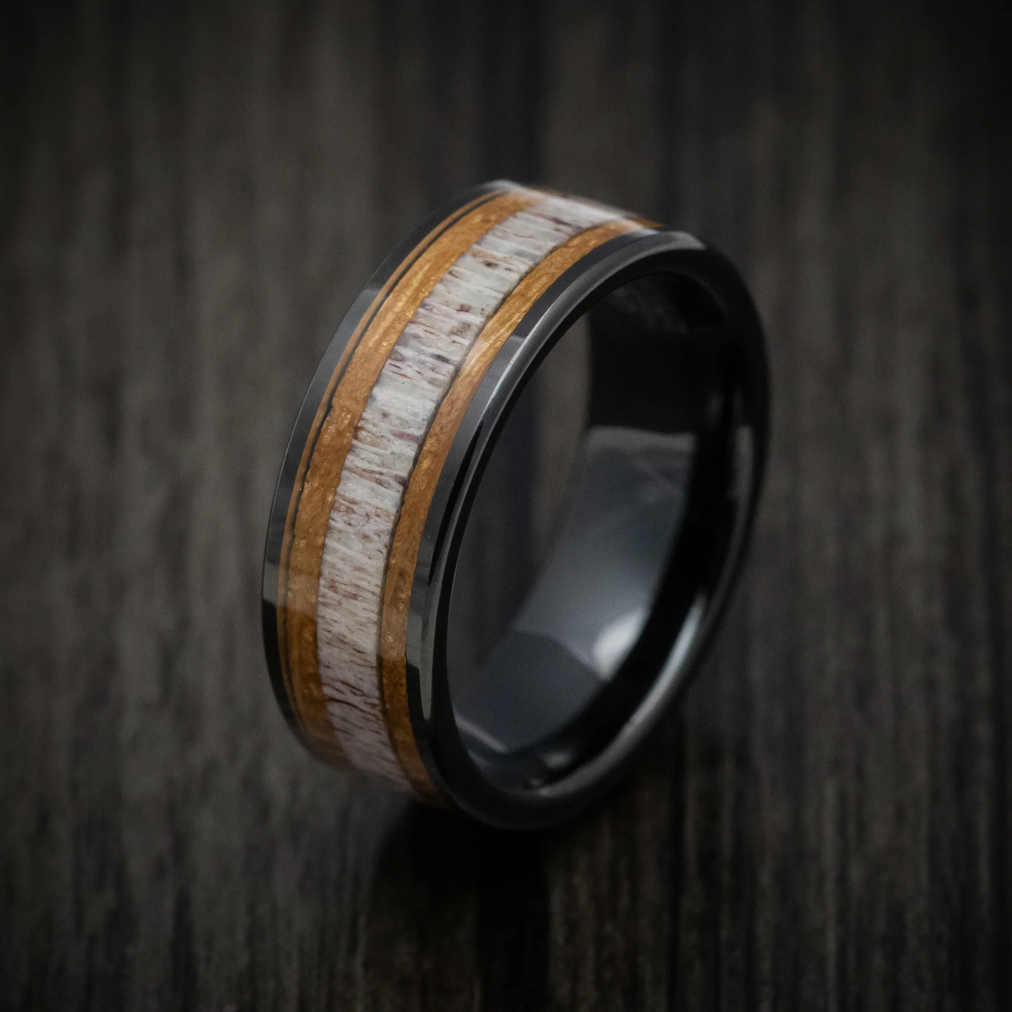 Black Tungsten Men's Ring with Whiskey Barrel Wood and Antler Inlays - Image 4