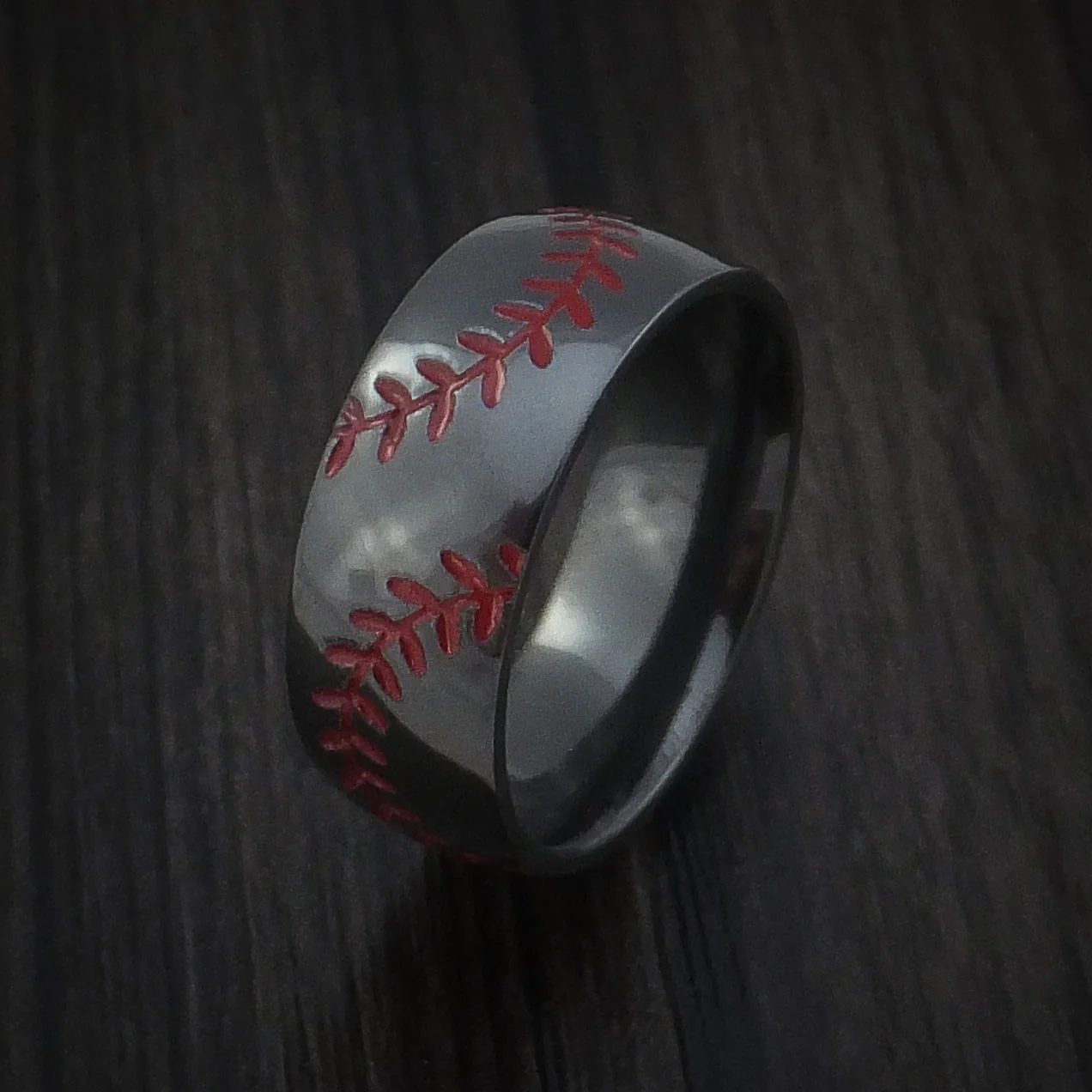 Black Zirconium Baseball Men's Ring with Double Stitching Polish Finish - Image 4