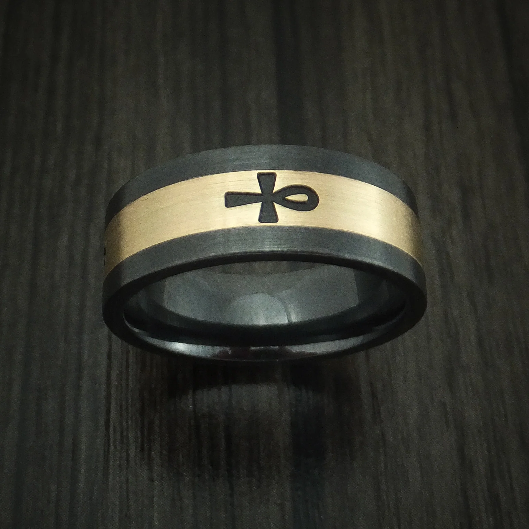 Black Zirconium and 14K Yellow Gold with Egyptian Ankh Custom Made Men's Ring - Image 2