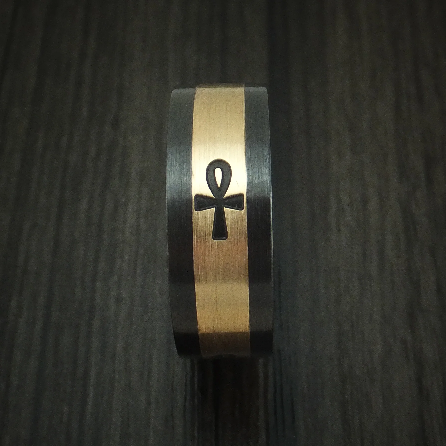 Black Zirconium and 14K Yellow Gold with Egyptian Ankh Custom Made Men's Ring - Image 3