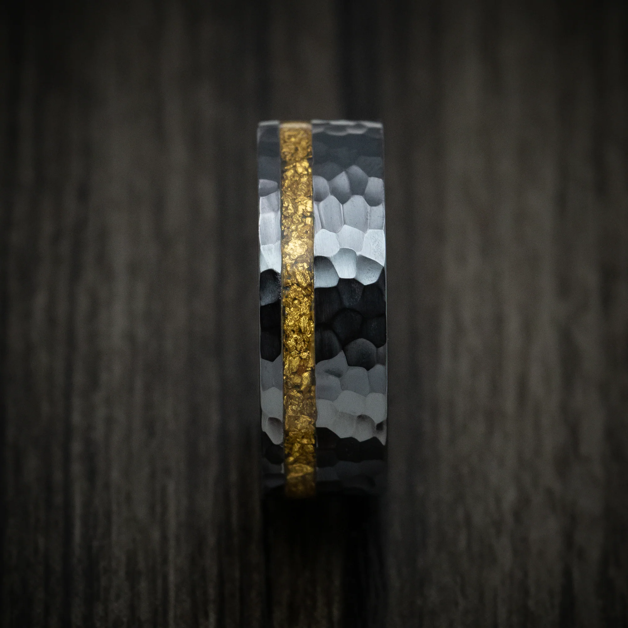 Black Zirconium and 24K Raw Gold Nugget Men's Ring with Wood Sleeve Custom Made Band - Image 3