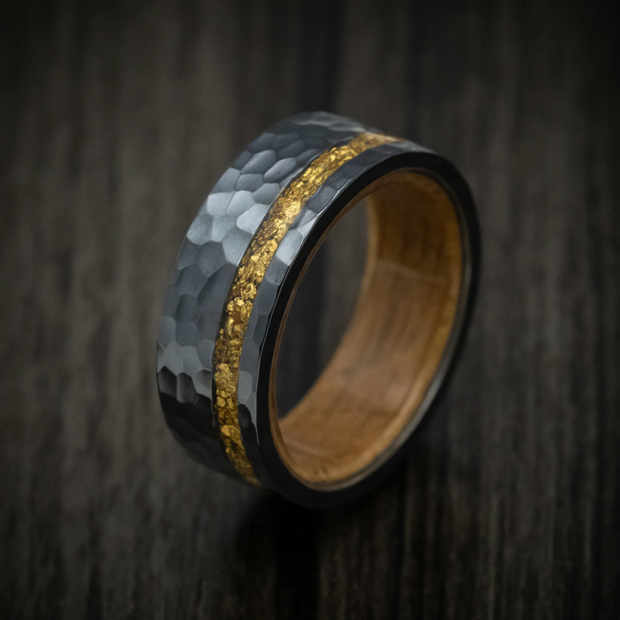 Black Zirconium and 24K Raw Gold Nugget Men's Ring with Wood Sleeve Custom Made Band - Image 4