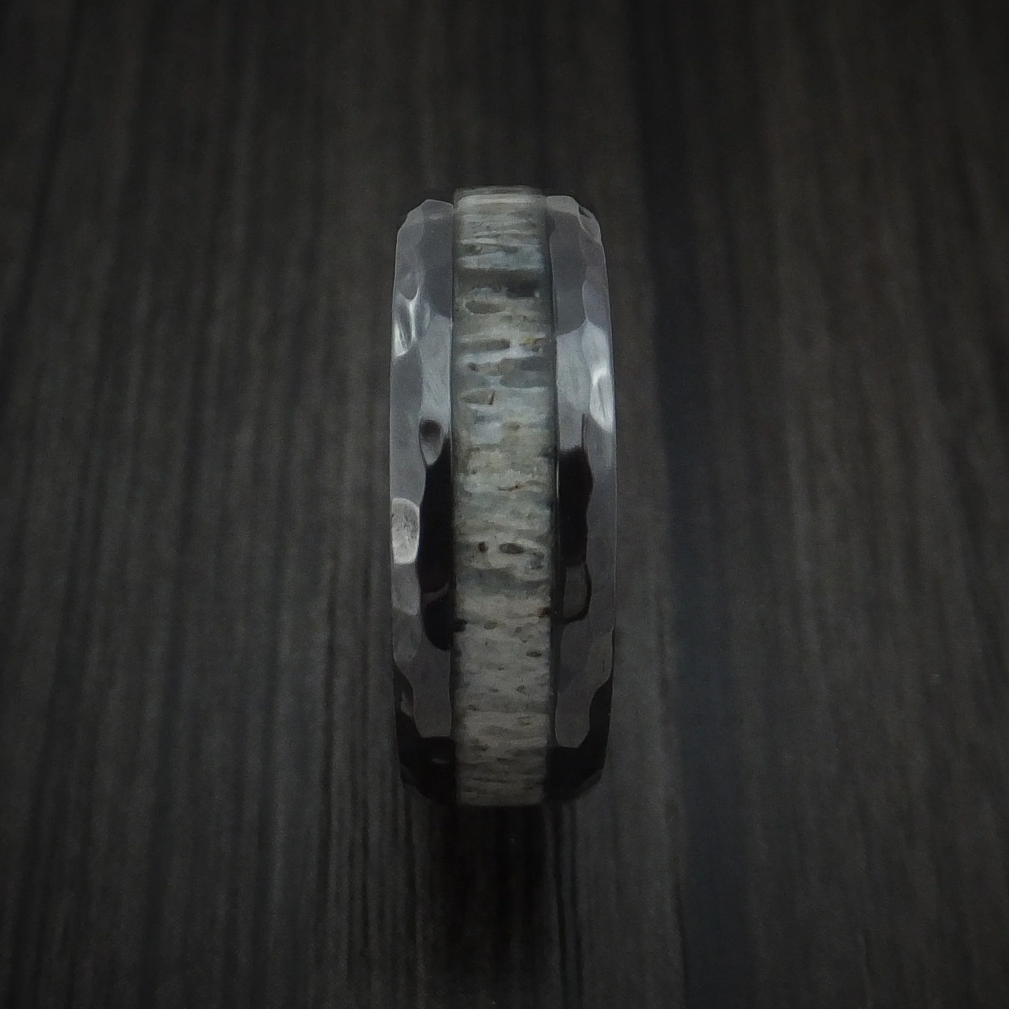 Black Zirconium and Antler Hammered Men's Ring Custom Made Band - Image 3