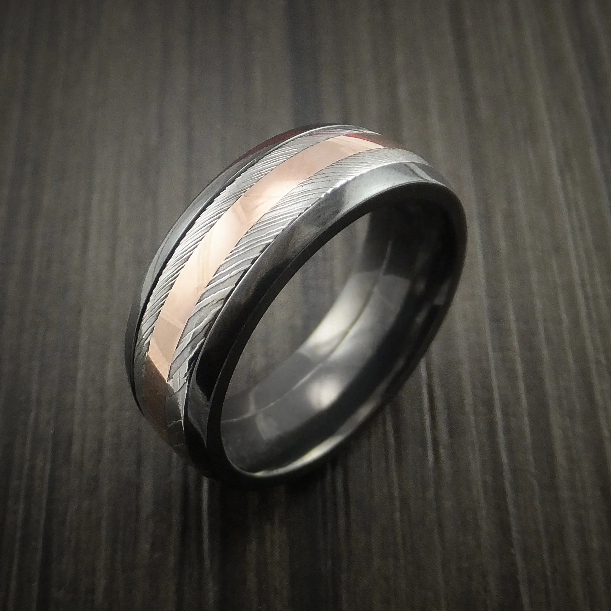 Black Zirconium and Damascus Steel Band 14K Rose Gold Center Custom Made Men's Ring - Image 4
