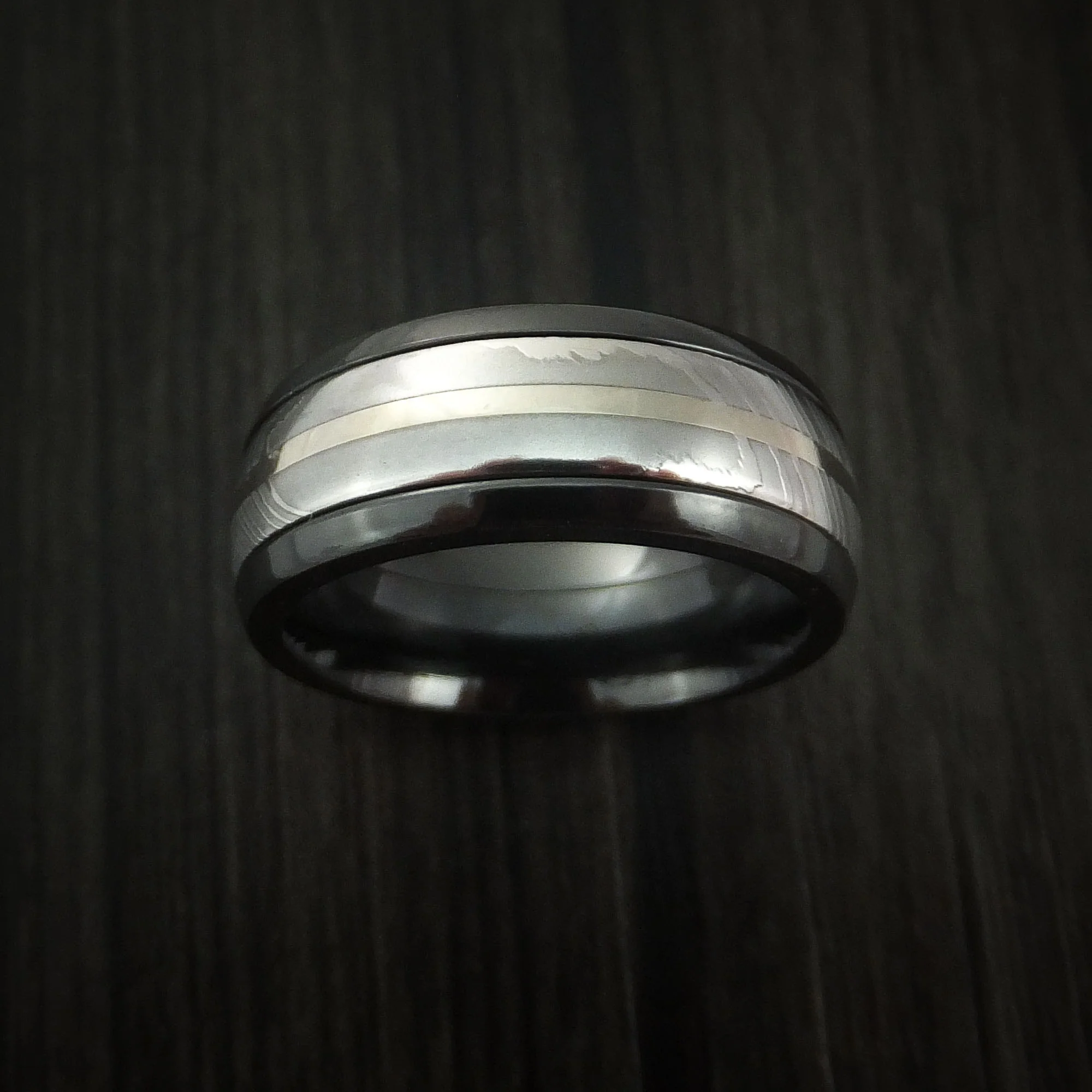 Black Zirconium and Damascus Steel Band 14K White Gold Center Custom Made Men's Ring - Image 2
