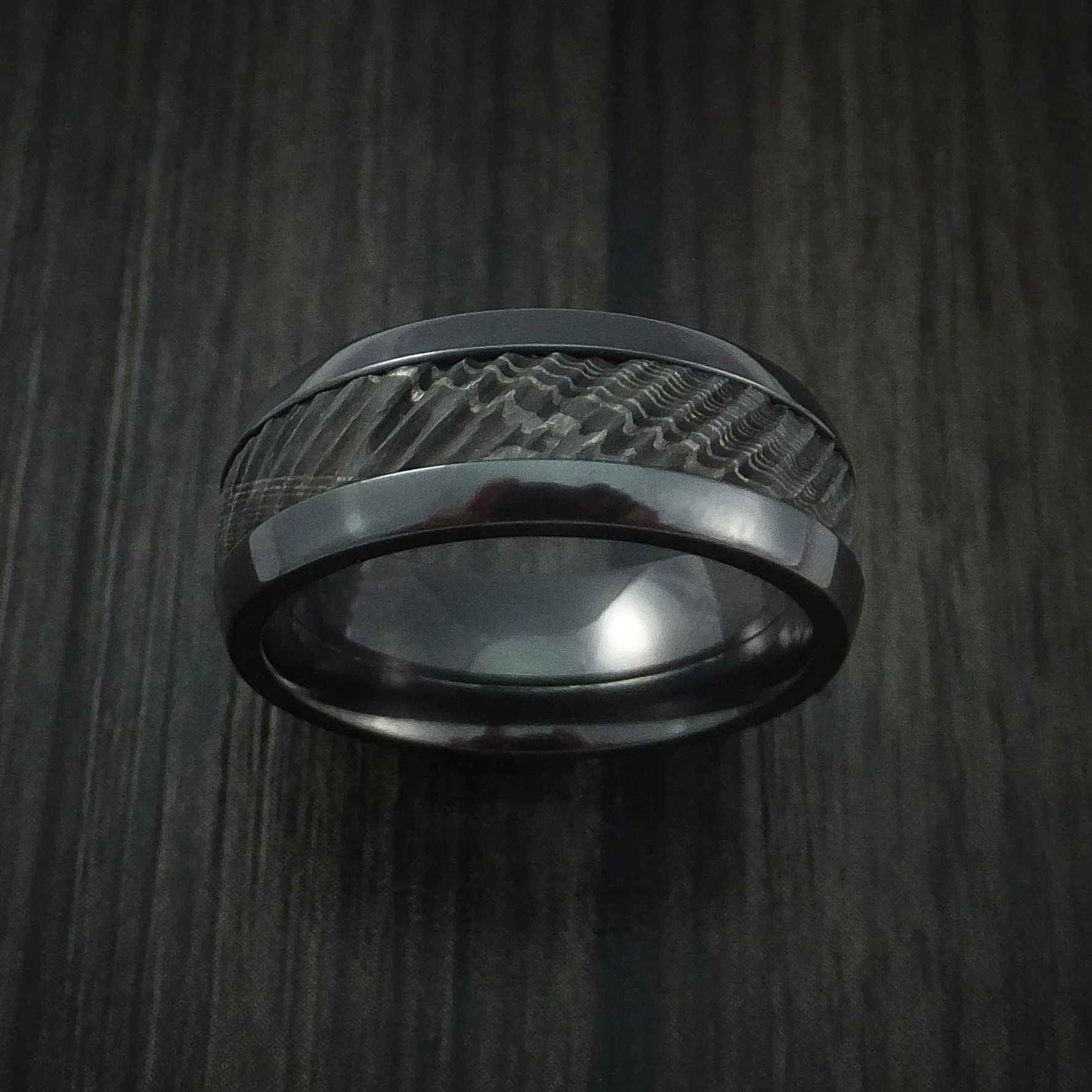 Black Zirconium and Damascus Steel Men's Ring with Tree Bark Carved Band Custom Made - Image 2