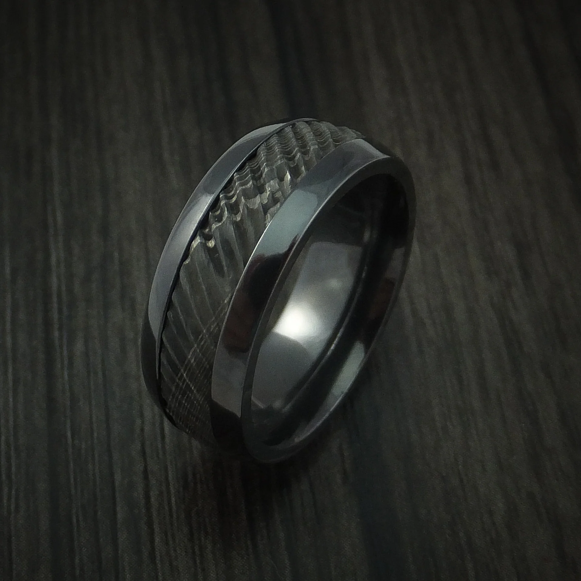 Black Zirconium and Damascus Steel Men's Ring with Tree Bark Carved Band Custom Made - Image 4