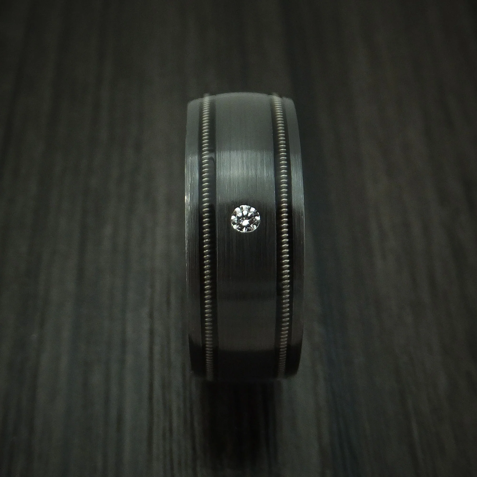 Black Zirconium and Diamond Men's Ring with Guitar String Inlays Custom Made Band - Image 3
