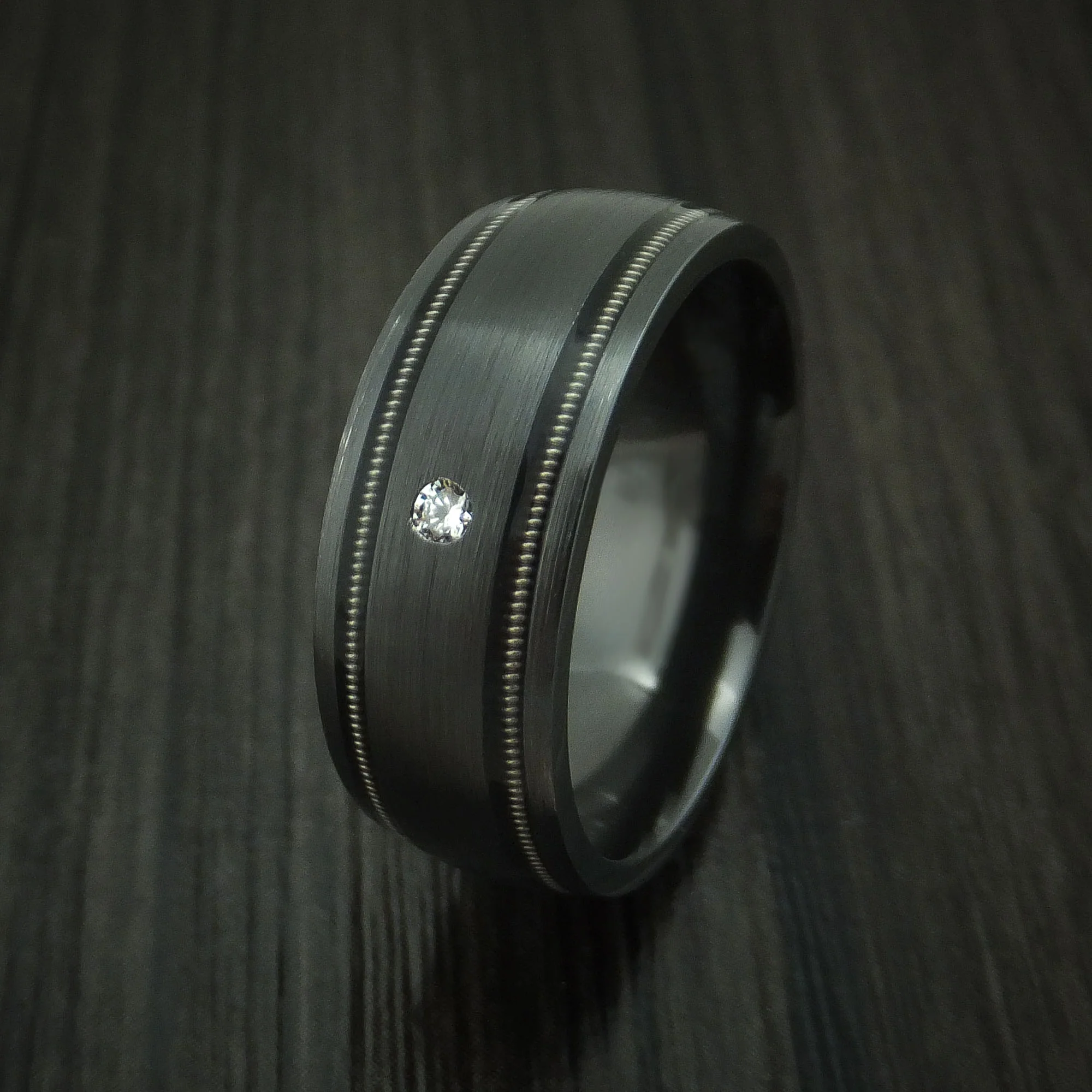 Black Zirconium and Diamond Men's Ring with Guitar String Inlays Custom Made Band - Image 4