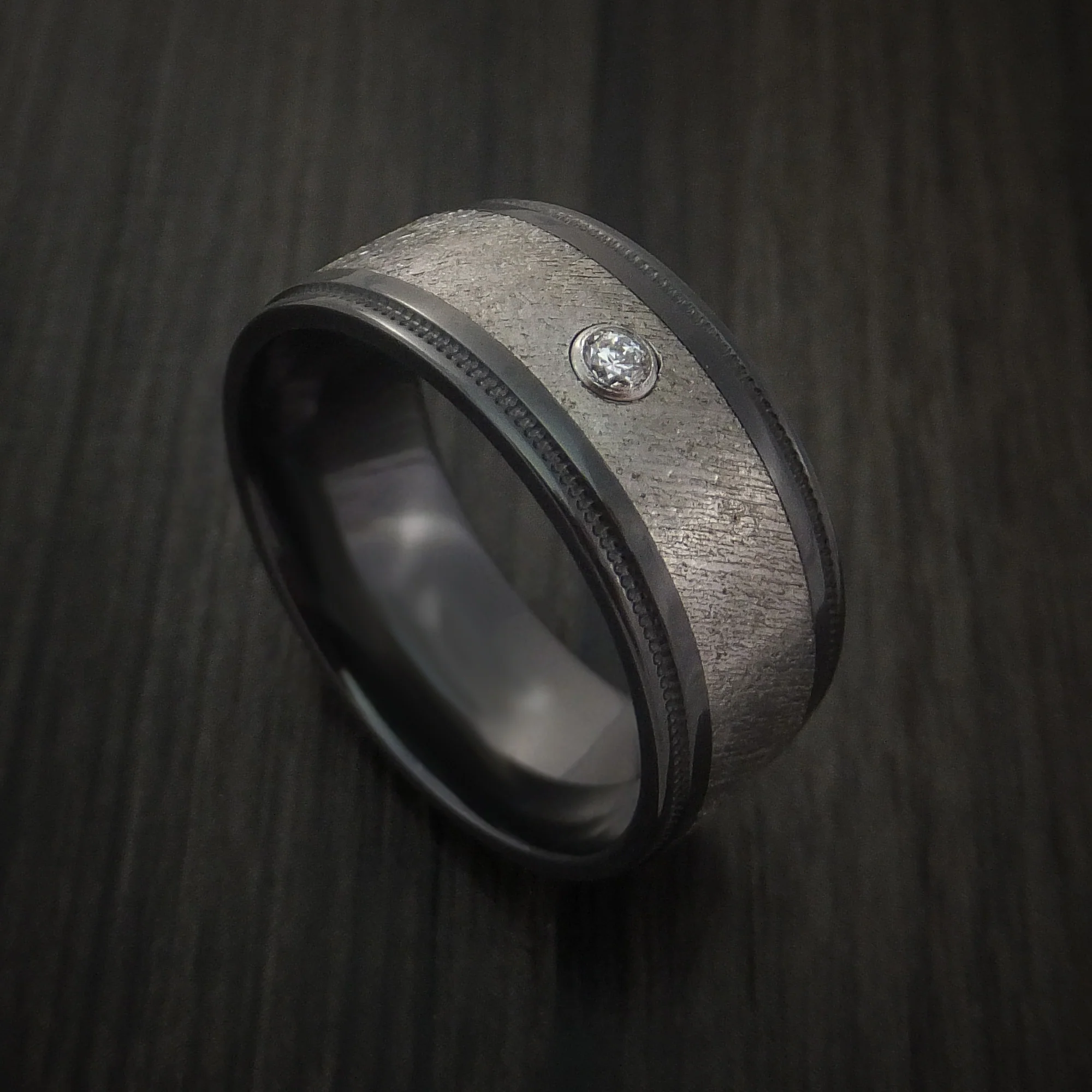 Black Zirconium and Gibeon Meteorite Men's Ring with Diamond Custom Made Band