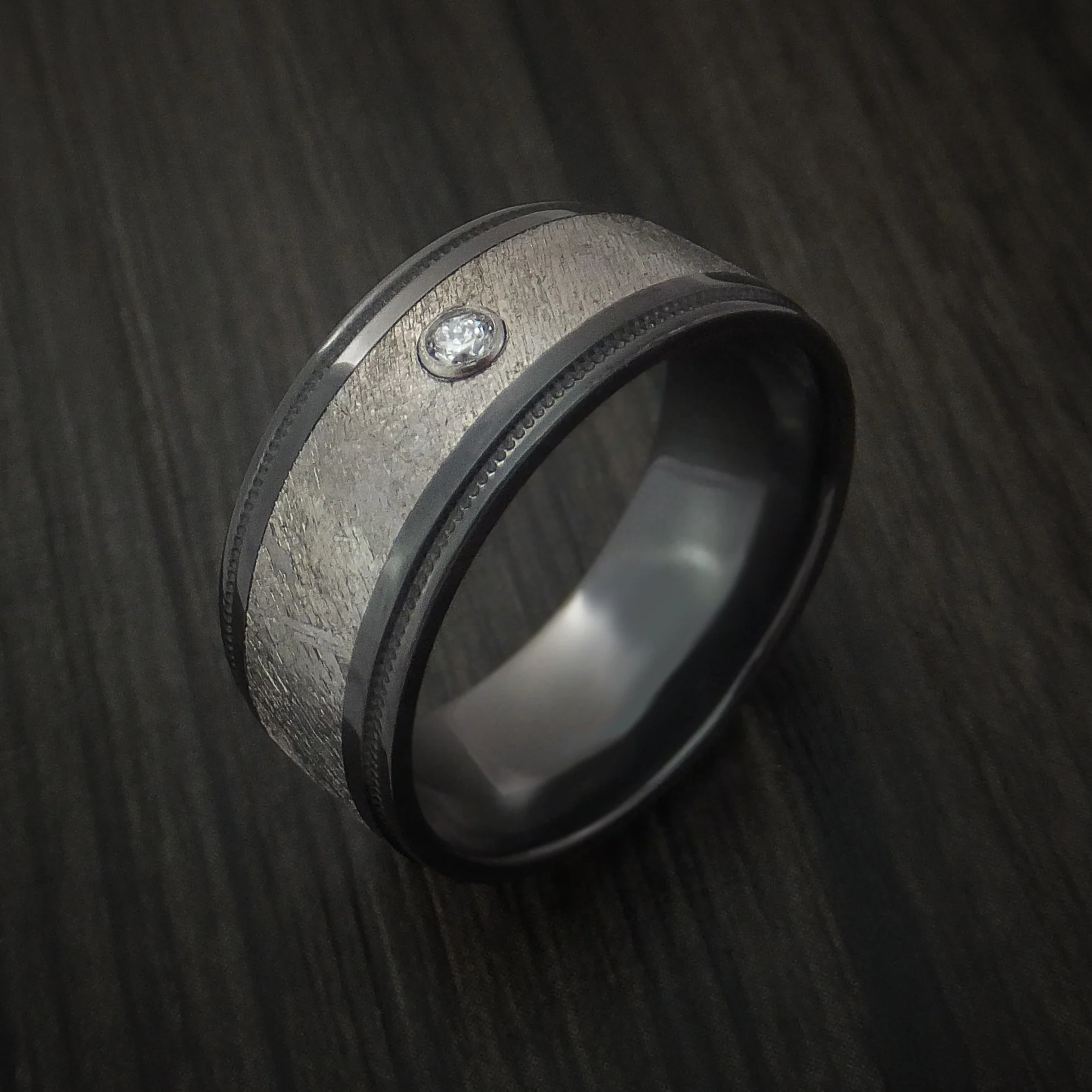 Black Zirconium and Gibeon Meteorite Men's Ring with Diamond Custom Made Band - Image 3