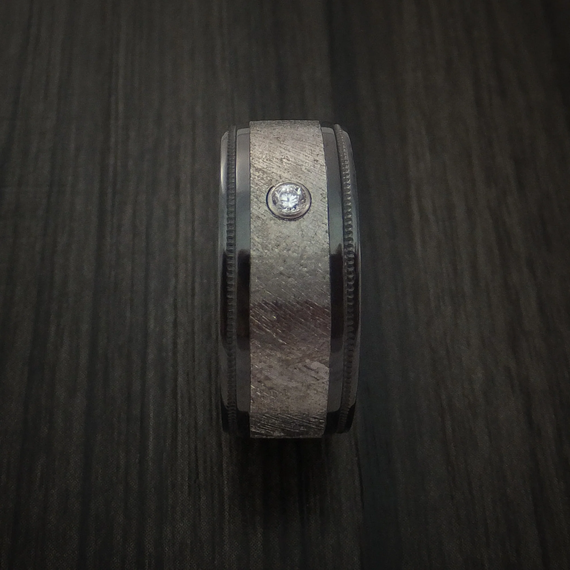Black Zirconium and Gibeon Meteorite Men's Ring with Diamond Custom Made Band - Image 4