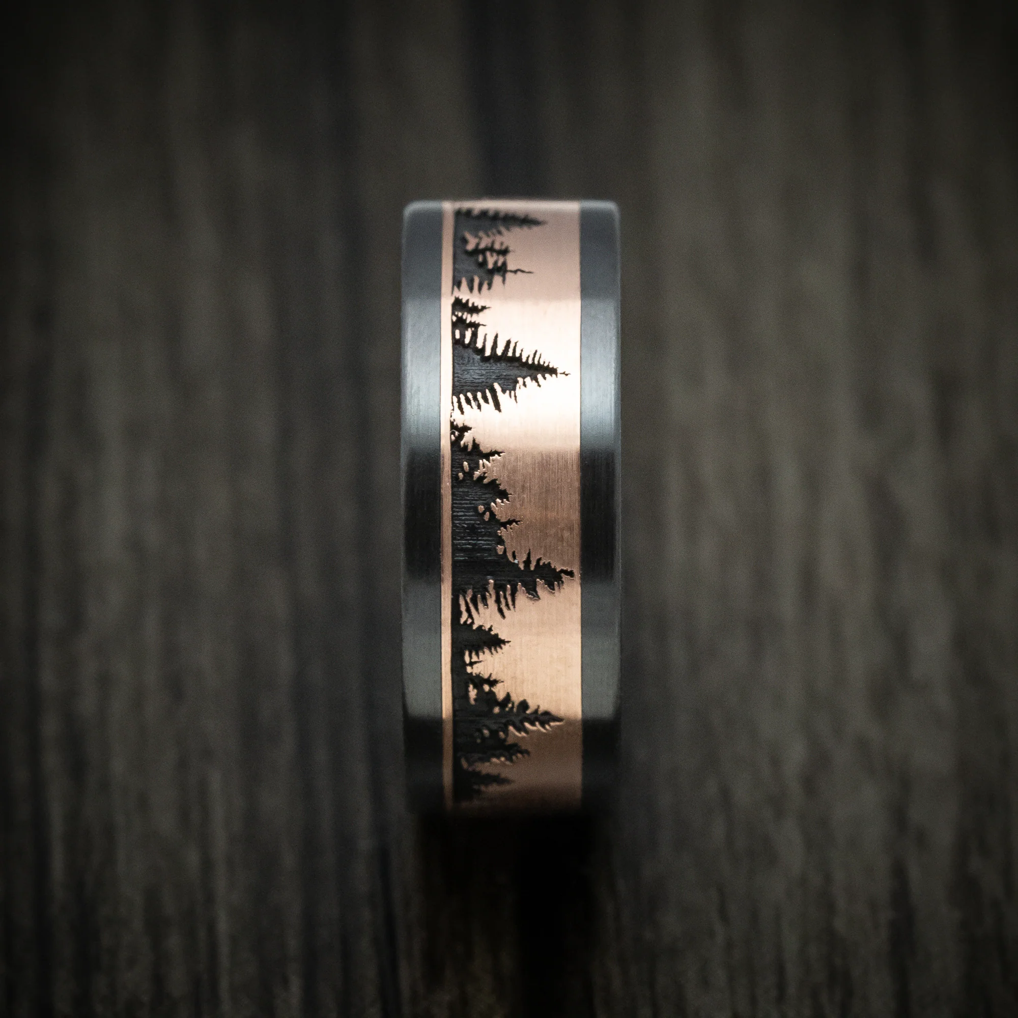 Black Zirconium And Gold Spruce Pine Tree Design Men's Ring - Image 3