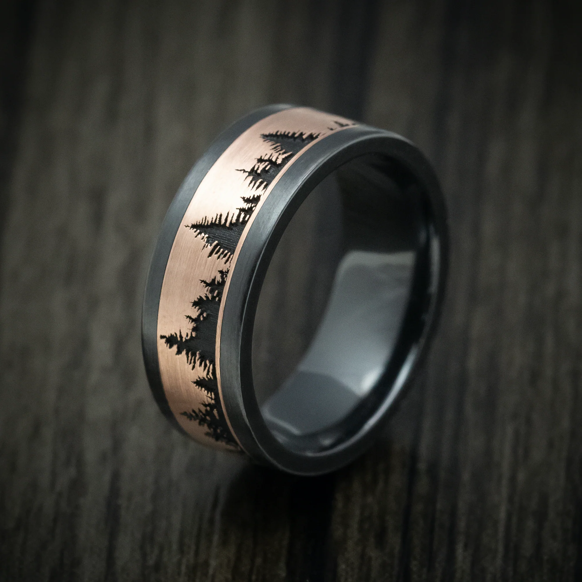 Black Zirconium And Gold Spruce Pine Tree Design Men's Ring - Image 4