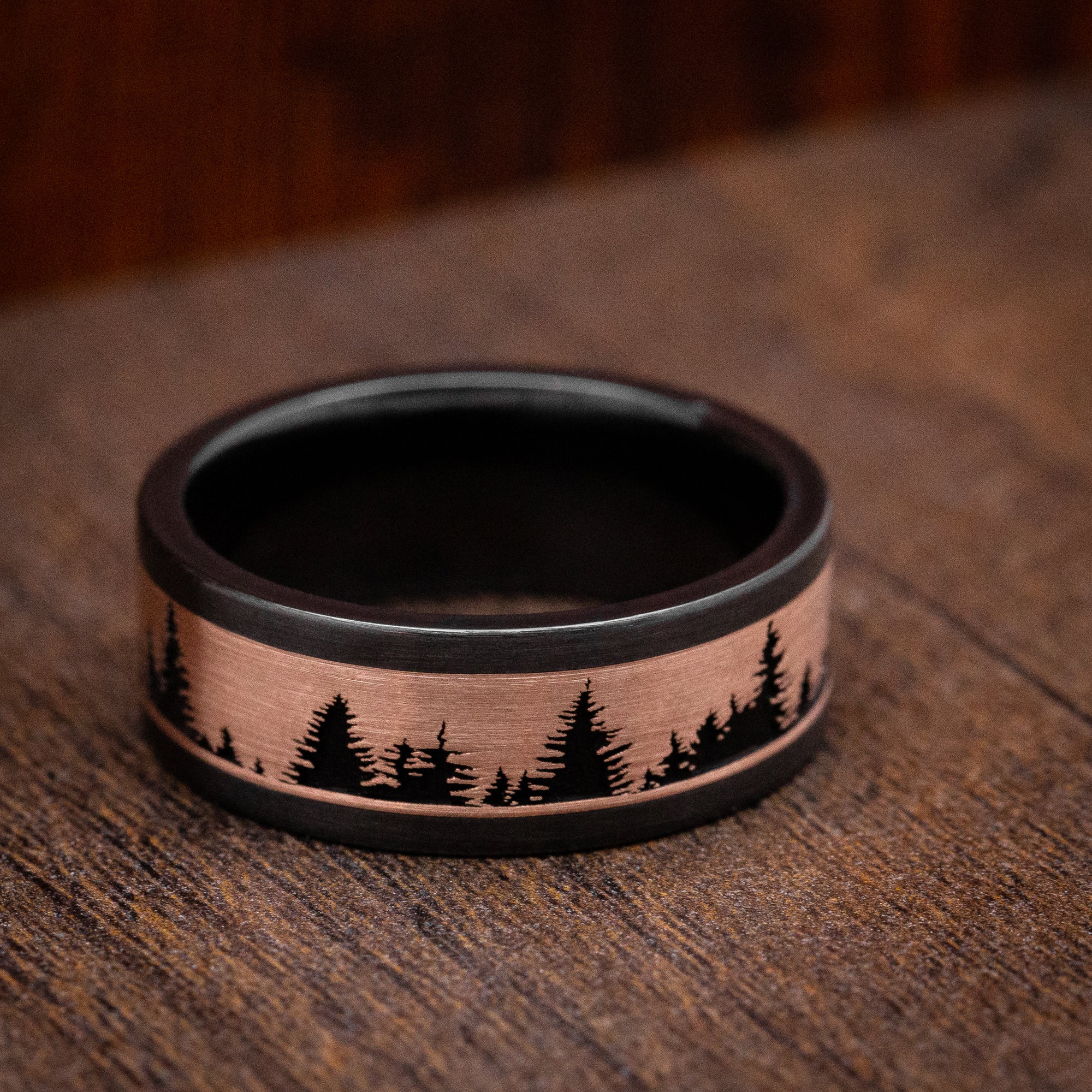 Black Zirconium And Gold Spruce Pine Tree Design Men's Ring - Image 5