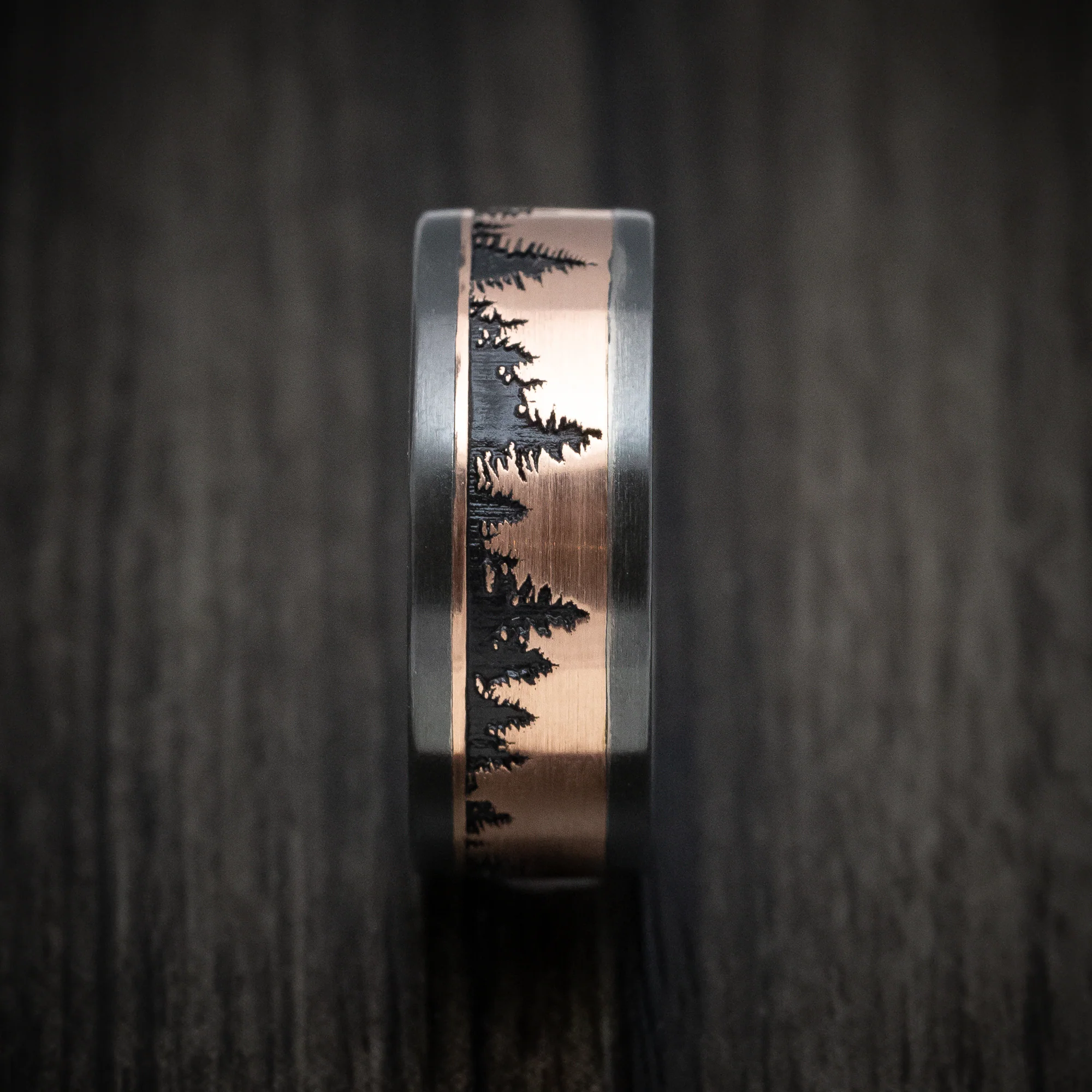 Black Zirconium and Gold Spruce Pine Tree Design Men's Ring with Wood Sleeve - Image 3