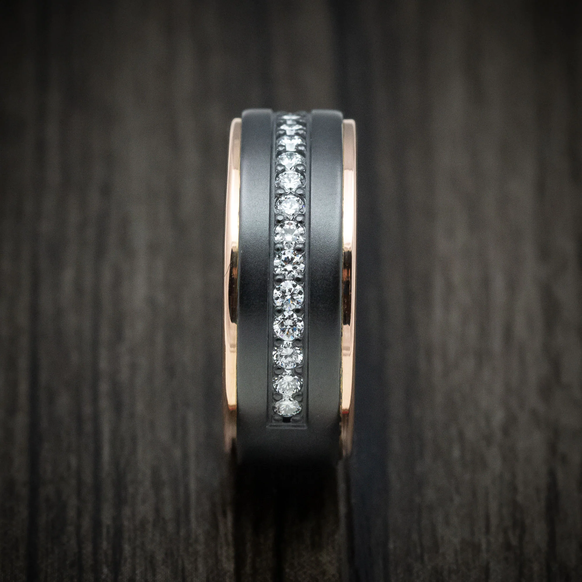 Black Zirconium and Half Eternity Diamond Men's Ring with Gold Inlays Custom Made Band - Image 3