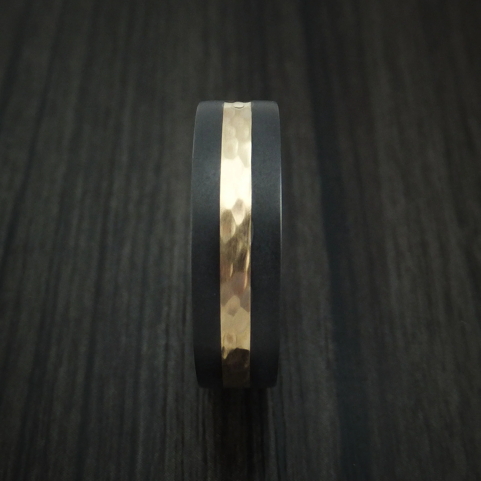 Black Zirconium and Hammered 14k Yellow Gold Band Custom Made Men's Ring - Image 3